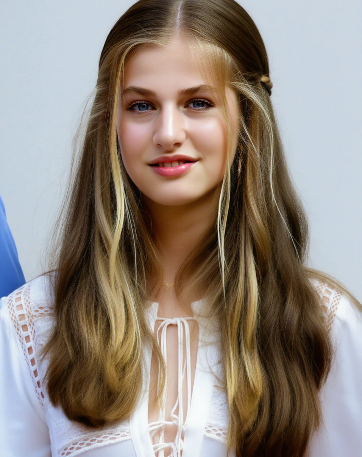 This is a high-resolution photograph of a young woman with long, straight, light brown hair that falls past her shoulders. She has fair skin and light blue eyes, and her lips are painted a soft pink. Her expression is neutral, with a slight, almost imperceptible smile. She is wearing a white, long-sleeved blouse with intricate lace detailing around the neckline and cuffs. The blouse has a low, keyhole neckline with a tie at the front, adding a touch of elegance and femininity to her outfit. The texture of the lace is delicate and intricate, with a pattern of floral motifs and geometric shapes. The background of the image is a plain, light-colored, possibly white, which makes her the focal point and ensures that her features and attire are clearly visible. There is no visible background scenery or additional objects, allowing the viewer to concentrate solely on her. The overall style of the photograph is natural and candid, capturing her in a relaxed, everyday setting., princess leonor \(celebrity\)
