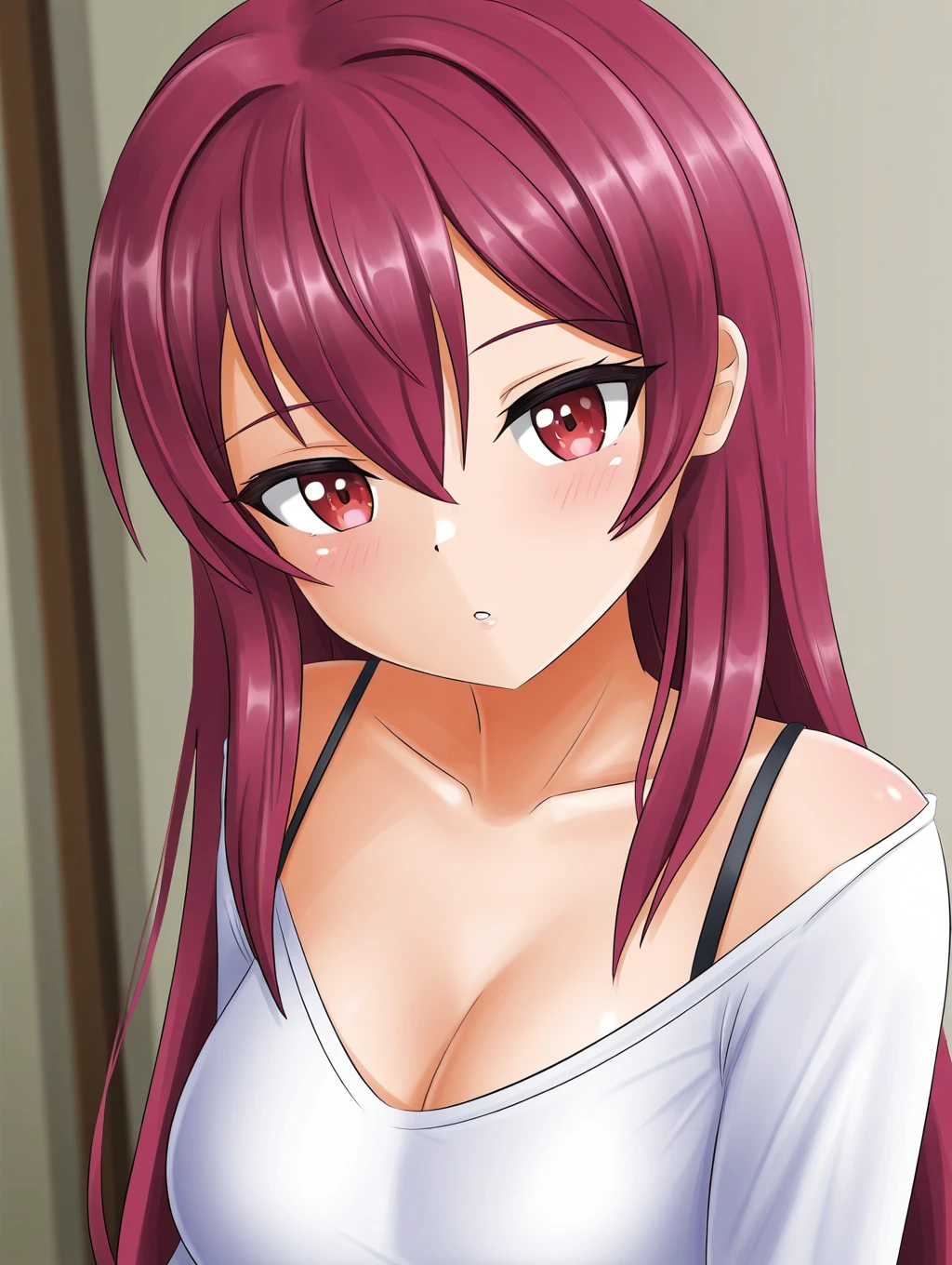 ultra-detailed, clear picture, shower room intense lighting, Riruka, detailed red eye, detailed face, woman in her 20s, Mature woman, medium breasts, wearing only a towel, wrapped in towel, mid body wrapped in towel, fluffy towel, Her expression radiates a fit of anger, tsundere, wet, detailed eyes, magenta hair, magenta eyes