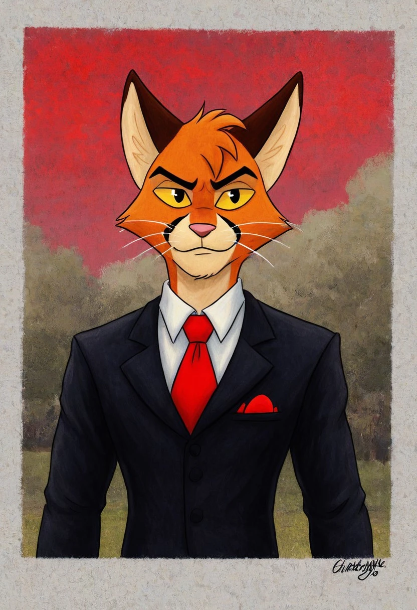 DorianZibowski[LACKADAISY], Zib[LACKADAISY], orange fur, orange body, yellow sclera, colored sclera, black pupils, feline, animal ears, anthro, yellow markings, black markings, tail, cat tail, tabby cat,(male anthro cat:1.5)
Solo, alone, by himself, 1boy, male.
Clothing, clothed, suit, black suit, red tie, tucked tie, white undershirt.
athletic, athletic body, muscles. (athletic body), (orange body:1.1),
HD, digital painting, digital art, masterpiece.
Headshot, head focus, close to face, closeup, bustshot.
Happy emotion, happy. 
Outside, battlefield, ww1. (outside:1.1) 
HD, digital painting, digital art, masterpiece ((headshot)), digital drawing (artwork), digital media (artwork), hi res.  negative_hand. spicytacozzz[STYLE], Art by spicytacozzz[Style], furry, furry art, Cartoony, Toon like, toony, cutesy style,