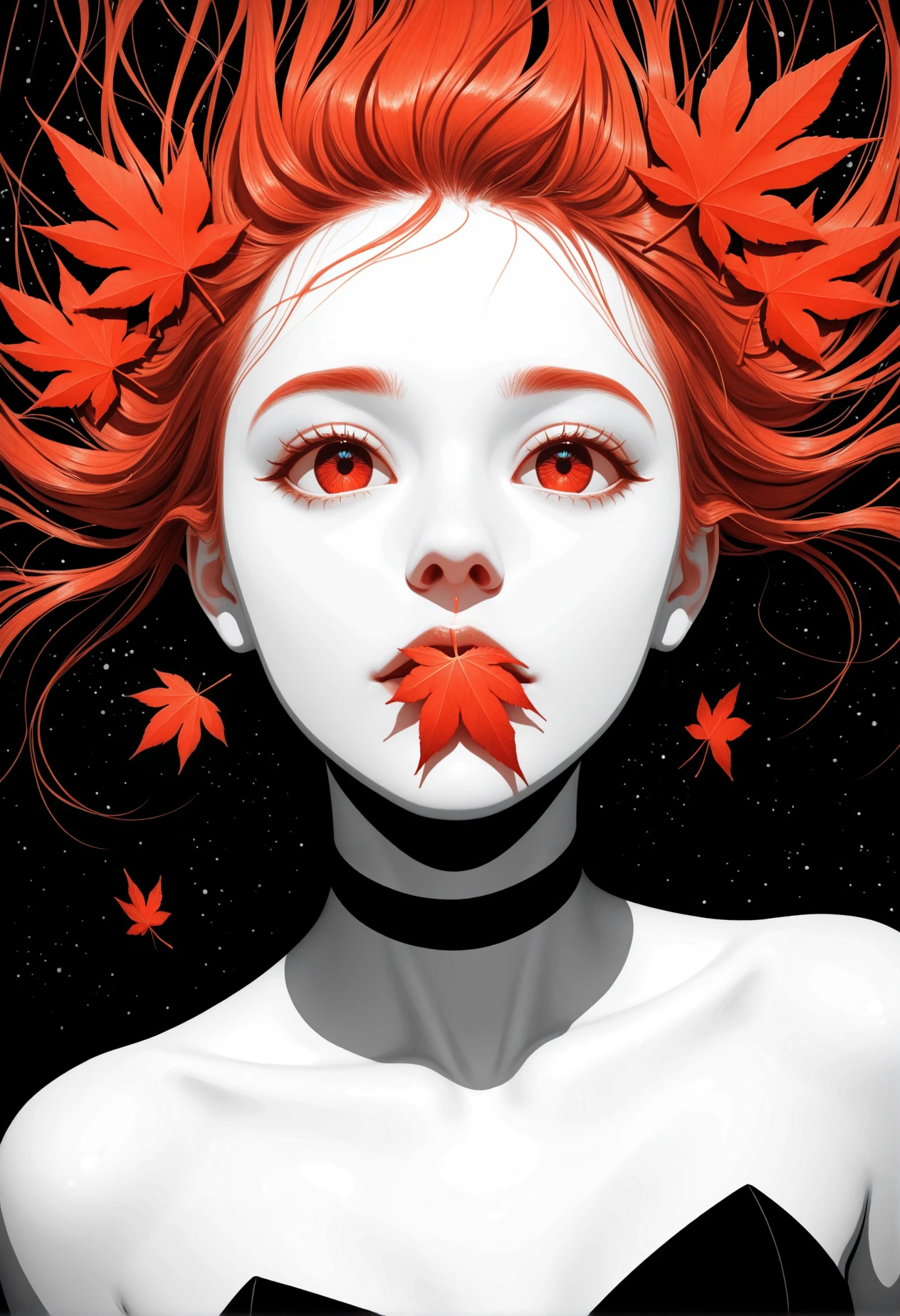 masterpiece, detailed_eyes, high_quality, best_quality, highres, subject_focus, Limited_Palette, (minimalism:1.2), black, 
woman, artistic, dynamic, cinematic,(motion)
touching collarbone, resigned elegance, spinel, maple leaves, deep red, movie perspective, dynamic_angle, looking_up_at_camera, hope, creativity