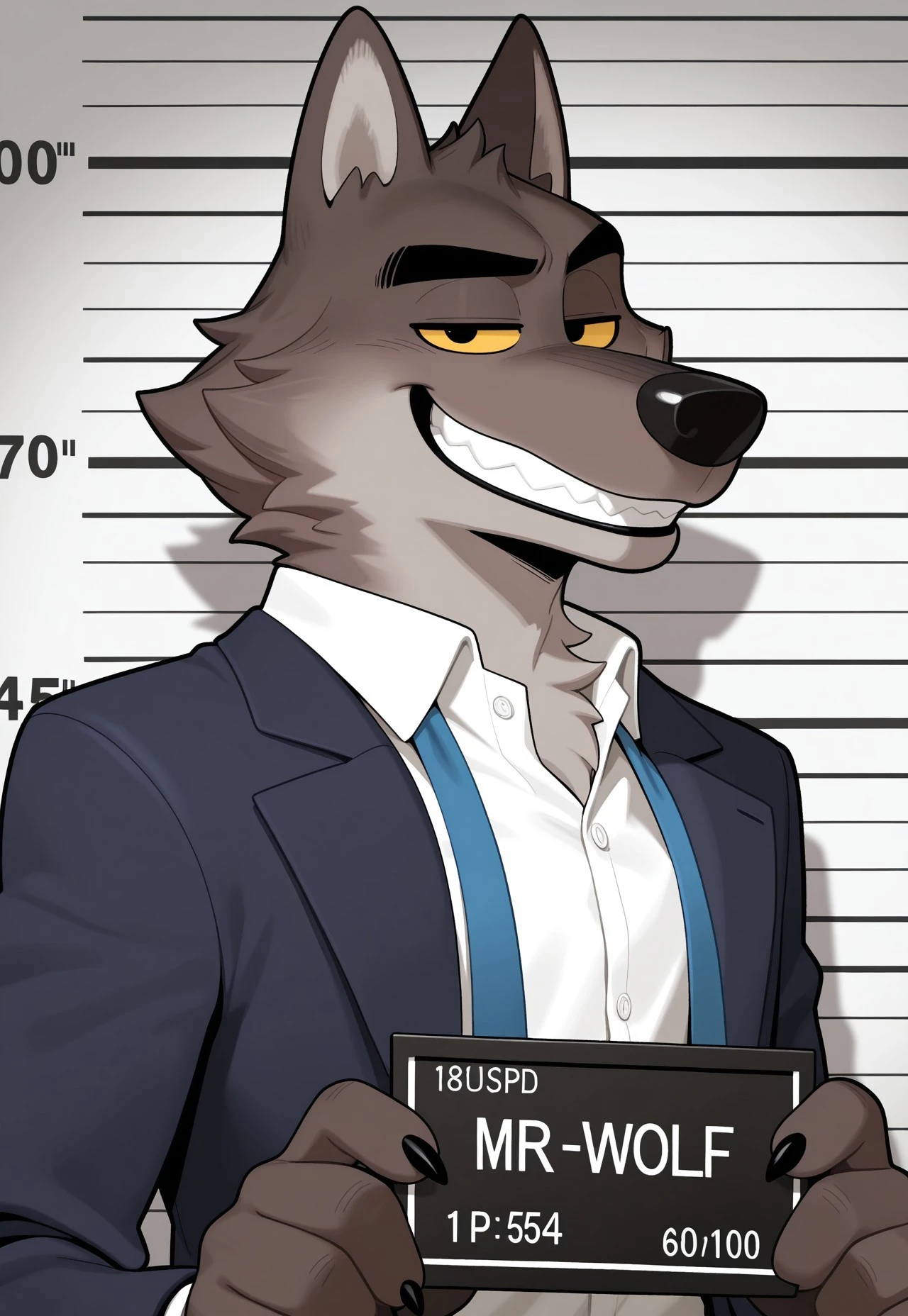 masterpiece, best quality, high quality, intricate details, black outline, holding, nameplate that says "Mr. Wolf", mugshot, side angle, upper body shot, MrWolf, wolf, Dark Blue Suit Shirt, White Shirt, undone necktie, blue necktie, looking at viewer, half closed eyes, grin, anthro male, yellow sclera, black eyes, black fingerclaws
