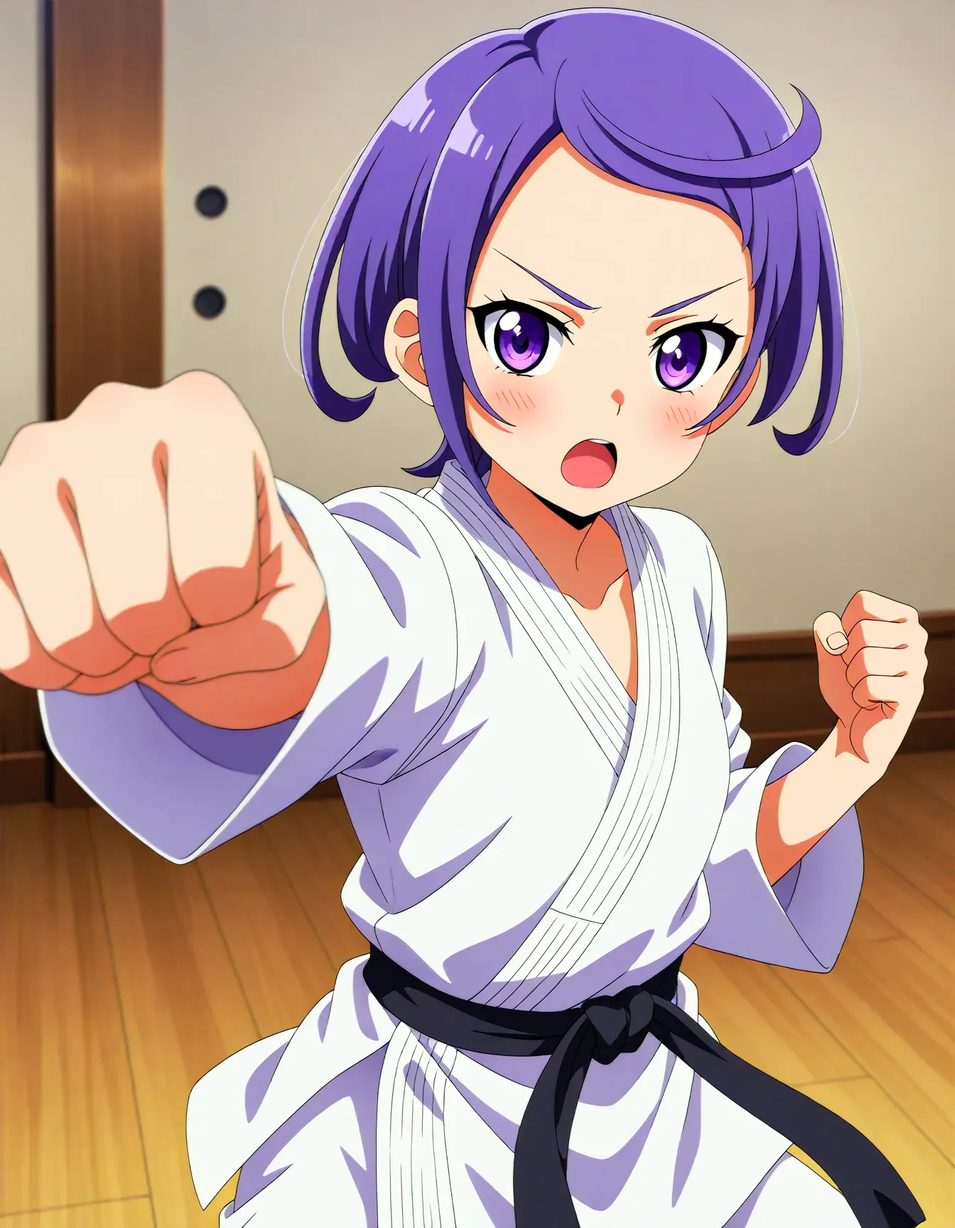 <lora:dmd2_sdxl_4step:1>,official style,masterpiece,best quality,newest,very aesthetic,highly detailed,high resolution,absurdres,highres,depth of field,super detailed skin,very awa,Anime,anime coloring,anime screencap,<lora:cure_sword_V1:1>,kenzaki makoto,purple eyes,purple hair,short hair,small breasts,dougi,serious,karate,fighting_stance,open mouth,punching,