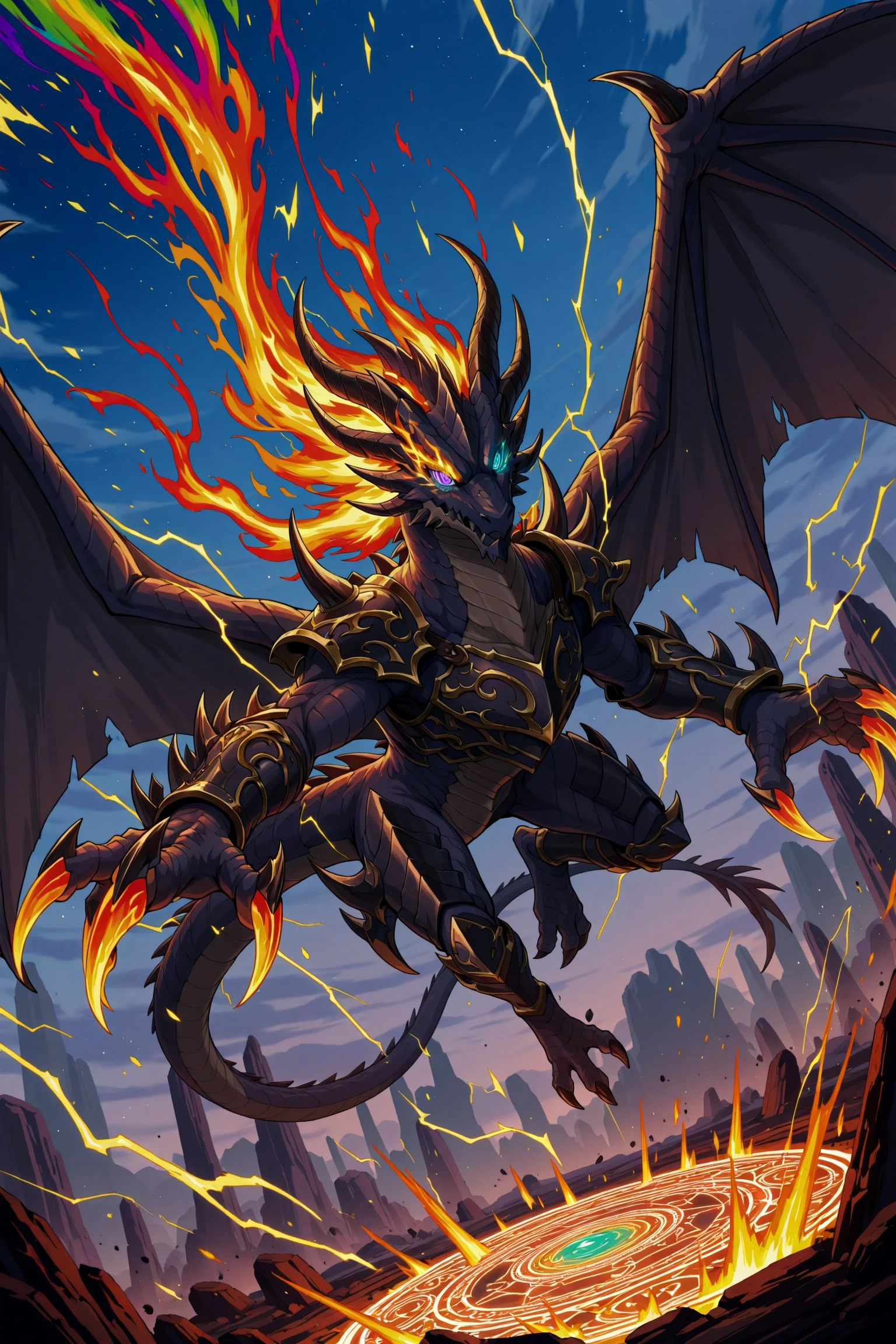 (colorful:5),dragon,no humans,western dragon,dynamic angle,magic circle,claws,weapon,looking at viewer,horns,fire,monster,sword,blue eyes,dragon wings,tail wrap,weapon focus,fantasy,wing,glowing,solo,dragon riding,fiery hair,wings,dragon horns,long hair,armor,red hair,flying,(claw \(weapon\):1.3),electricity,glowing eyes,tail,lightning,dragon tail,
(anime coloring:2.4),(anime screenshot,anime screencap:1.2),(masterpiece, best quality, newest, absurdres, highres),