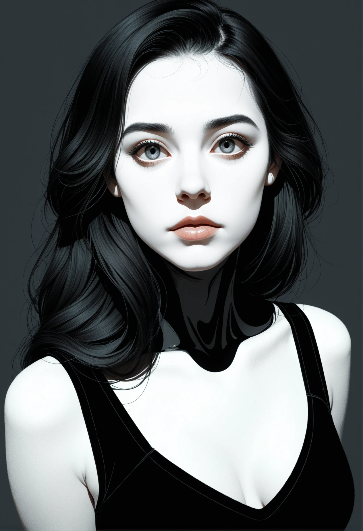 masterpiece, detailed_eyes, high_quality, best_quality, highres, subject_focus, Limited_Palette, (minimalism:1.2), black, 
woman, artistic, dynamic, cinematic,(motion)
gazing over shoulder, gentle sadness, obsidian, mist, grey, movie perspective, dynamic_angle, waist_up_shot