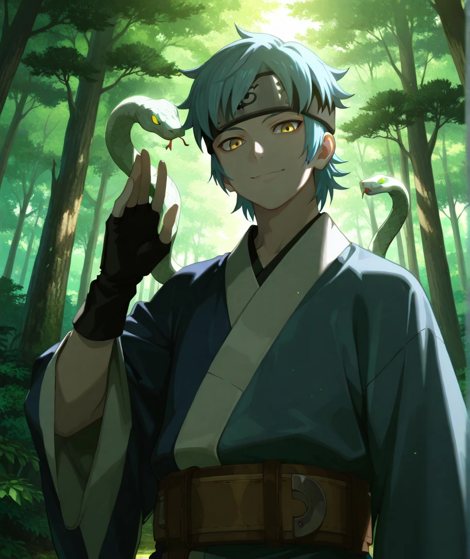 1boy,solo,looking at viewer,Mitsuki,short hair,blue hair,forehead protector,konohagakure symbol,pale skin,yellow eyes,blue and navy kimono,wide sleeves,belt,medium shot,kuji-in,hand up,black fingerless gloves,smile,snake,forest,tree,outdoors,green theme:1.5,high resolution,amazing quality,best quality,good lighting, detailed eyes,very aesthetic,very awa,detailed,anime coloring,anime screencap,complex background,Anime screencap,masterpiece