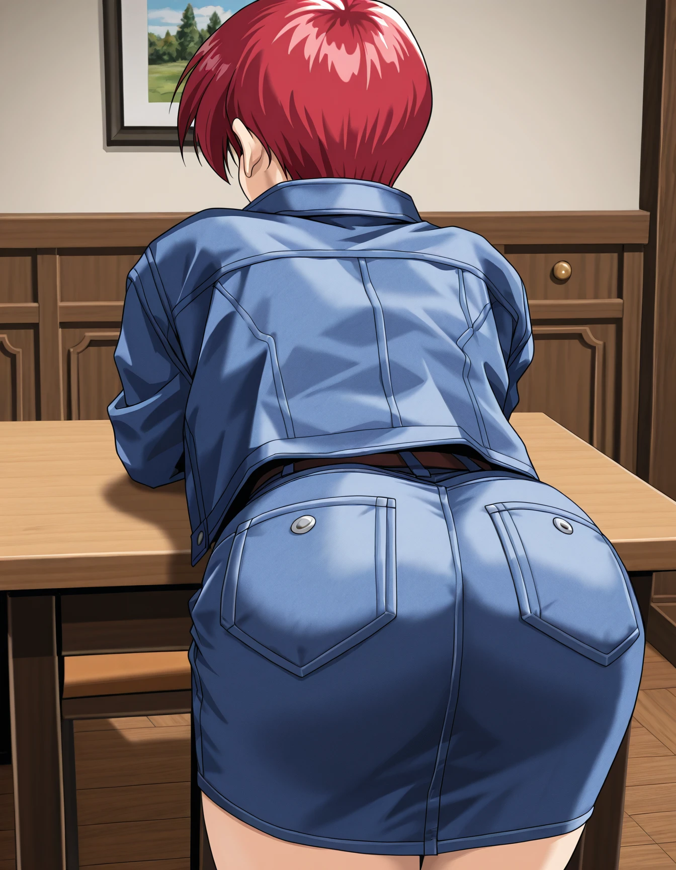 <lora:saku-v9-il_r1:0.75> a5am1, 1girl, solo, indoors, from behind, table, bent over, denim jacket, denim skirt, close-up
