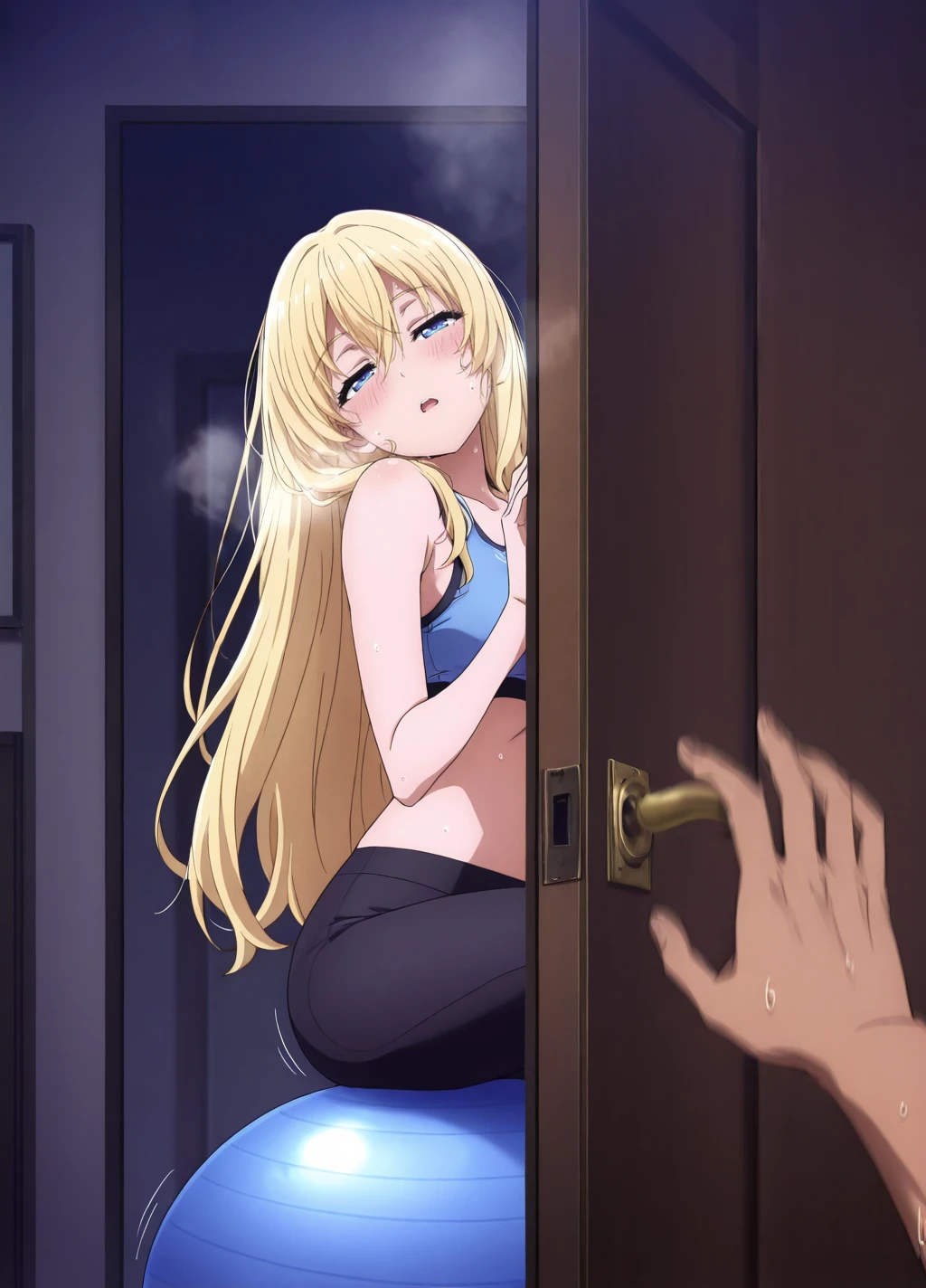 anime screencap,anime coloring,
from side,
dynamic pose,head tilt,head back,
(masterpiece, best quality:1.2),
<lora:peekdoor:0.8>,
peekdoor1, doorway, peeking out, 1girl, solo, indoors, steam, steaming body,open door,walk-in, looking at viewer,bedroom, night, dark skin,
motion lines, motion blur,
<lora:GoblinSlayer_Priestess_IlluXL:0.8>,
long hair, hair between eyes, blonde hair, blue eyes,half-closed eyes,
sports bra, leggings, exercise ball,sitting on exercise ball,sweat, in heat, blush,
open mouth, heavy breathing,
BREAK,
1boy, pov, pov hands,
<lora:add-detail-xl:1>,