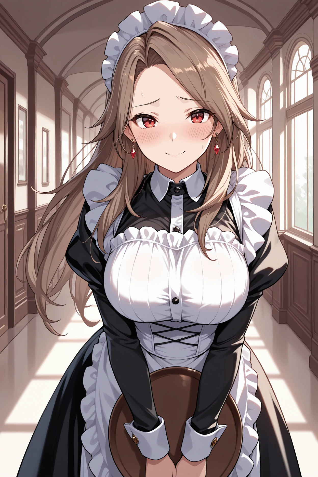 masterpiece, best quality, 1girl, solo, <lora:gbfkatalina-illu-nvwls-v1-000006:1> basektl, brown hair, long hair, red eyes, large breasts, earrings, maid headdress, maid apron, black dress, juliet sleeves, holding tray, smile, blush, nervous, looking at viewer, hallway, mansion