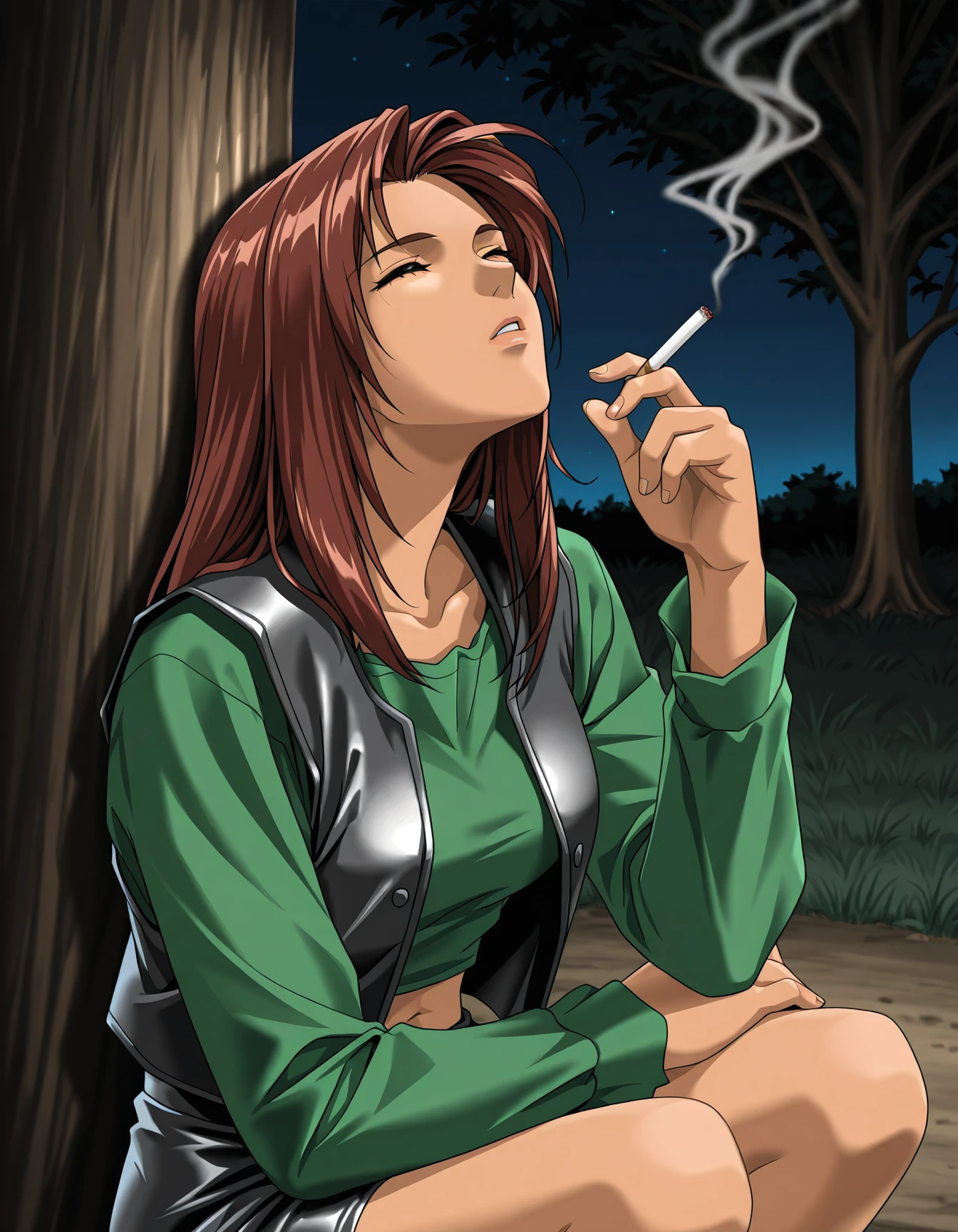 <lora:saku-v9-il-000041:0.75> m0ek0, closed eyes, leather vest, green shirt, navel, leather skirt
1girl, solo, squatting, looking up, smoking, holding cigarette, against tree, outdoors, night, upper body