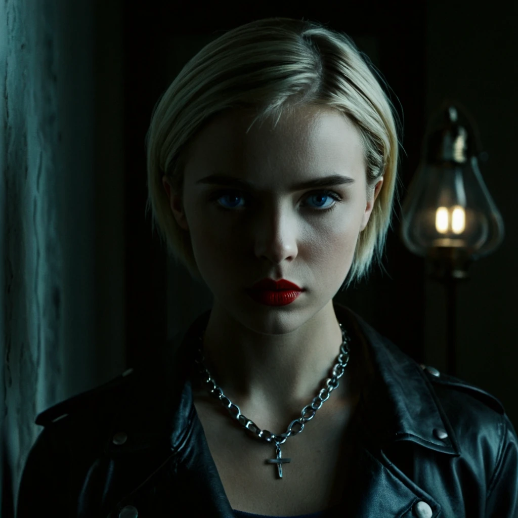 Dark Moody Atmosphere, <lora:Low-key lighting Style pony v1:1>
dim light Contrast, Cinematic, Low key, lighting style Chiaroscuro Lighting Style of a woman standing in a dark room looking at the camera, sharp, detailed, perfect, perfection, realism, cinematic exposure, cinematic color, cinematic contrast, dramatic style, cinematic style, dramatic shadow, partially covered in shadow, Chiaroscuro Lighting Style, 1girl, solo, looking at viewer, short hair, blue eyes, blonde hair, jewelry, closed mouth, necklace, lips, portrait, realistic, shirt, 1boy, jacket, male focus, indoors, blurry, red lips, lamp, horror (theme), dark, braid, photorealistic, dramatic, mysterious, dark moody atmosphere
