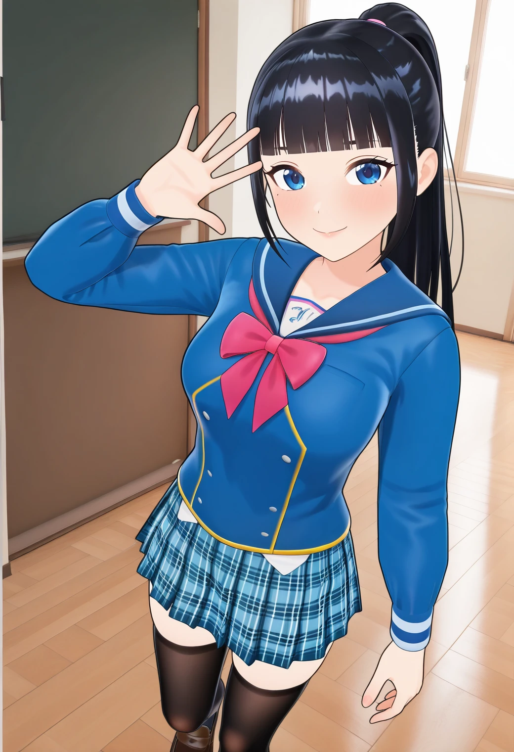 masterpiece, best quality, very aesthetic, absurdres, 1girl, solo,
<lora:fuji_aoi_v01:0.9>, virtual youtuber, aoi_costume1, black hair, long hair, ponytail, blunt bangs, blue eyes,
school uniform, blue serafuku, long sleeves, pink bow, plaid skirt, zettai ryouiki, black thighhighs, brown loafers, smile, posing