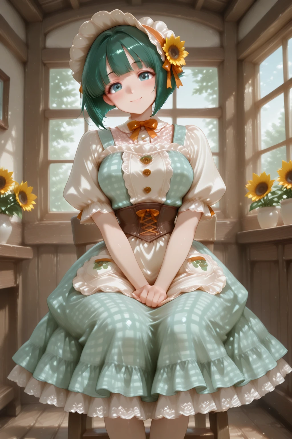 masterpiece, best quality, amazing quality, 1girl, solo, makeup, perspective, general, looking at viewer, dynamic angle, full body, (front angle), indoors, farm house, 1940s style interior, vintage, (sit on wooden chair, sitting), smile, blush, posing, window, <lora:TerraceShiragiku:0.8>, TerraceShiragiku, short hair, blue eyes, green hair, bob cut, blunt bangs, large breasts, <lora:Sunberry_Patchwork_Bloom_Dress:1>, Sunberry_Patchwork_Bloom_Dress, green dress, frilled dress, plaid dress, bow, sunflower, puffy short sleeves, lace trim, cross-laced clothes, corset, ribbon, apron, bonnet, hat flower, socks, bowtie, <lora:wai-2Rectified-V140:1>, <lora:Illustrious_-_Refiner:1>