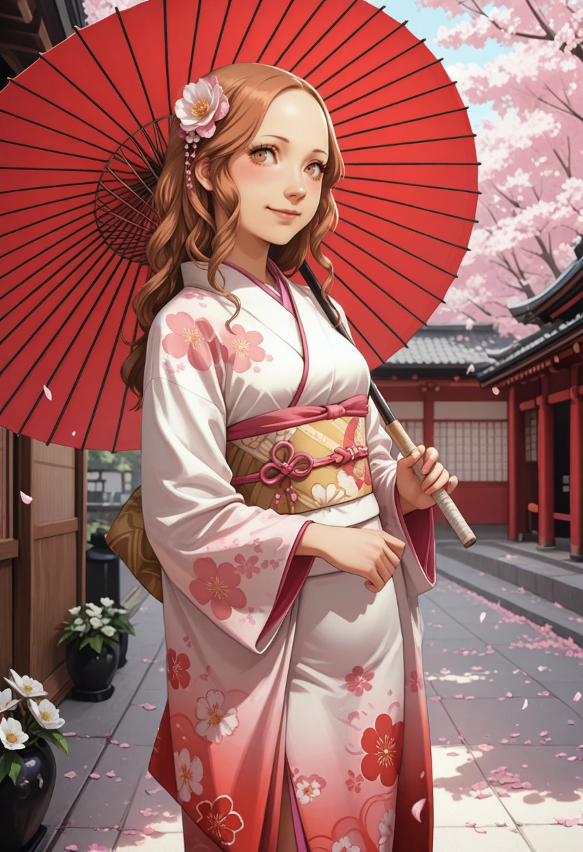 masterpiece, very aesthetic, best quality, absurdres, newest, solo,
<lora:ILP4AiEbihara:1>
persona4aiebihara, 1girl, brown hair, long hair, brown eyes, looking at viewer, hair flower, white kimono, japanese clothes, oil-paper umbrella, purple hair, hair ornament, smile, outdoors, petals, white flower, sash, holding umbrella, floral print, obi, looking at viewer, wide sleeves, closed mouth, long sleeves, day, cowboy shot, print kimono, blush, High Angle (from the side) view Close shot (focus on legs)