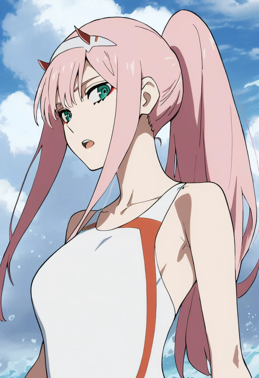 masterpiece, best quality, good quality, very awa, newest, highres, absurdres,outdoors, ZeroTwo-DarlingInTheFranXX ,
Zero Two \(Darling in the FranXX\), 1girl, solo, long hair, breasts, looking at viewer, open mouth, bangs, medium breasts, collarbone, swimsuit, upper body, ponytail, pink hair, sidelocks, hairband, outdoors, horns, sky, day, cloud, blue sky, one-piece swimsuit, cloudy sky, competition swimsuit, white hairband, white one-piece swimsuit, aqua eyes, oni horns
, <lora:Zero Two (Darling in the FranXX) Illustrious v2:0.8>