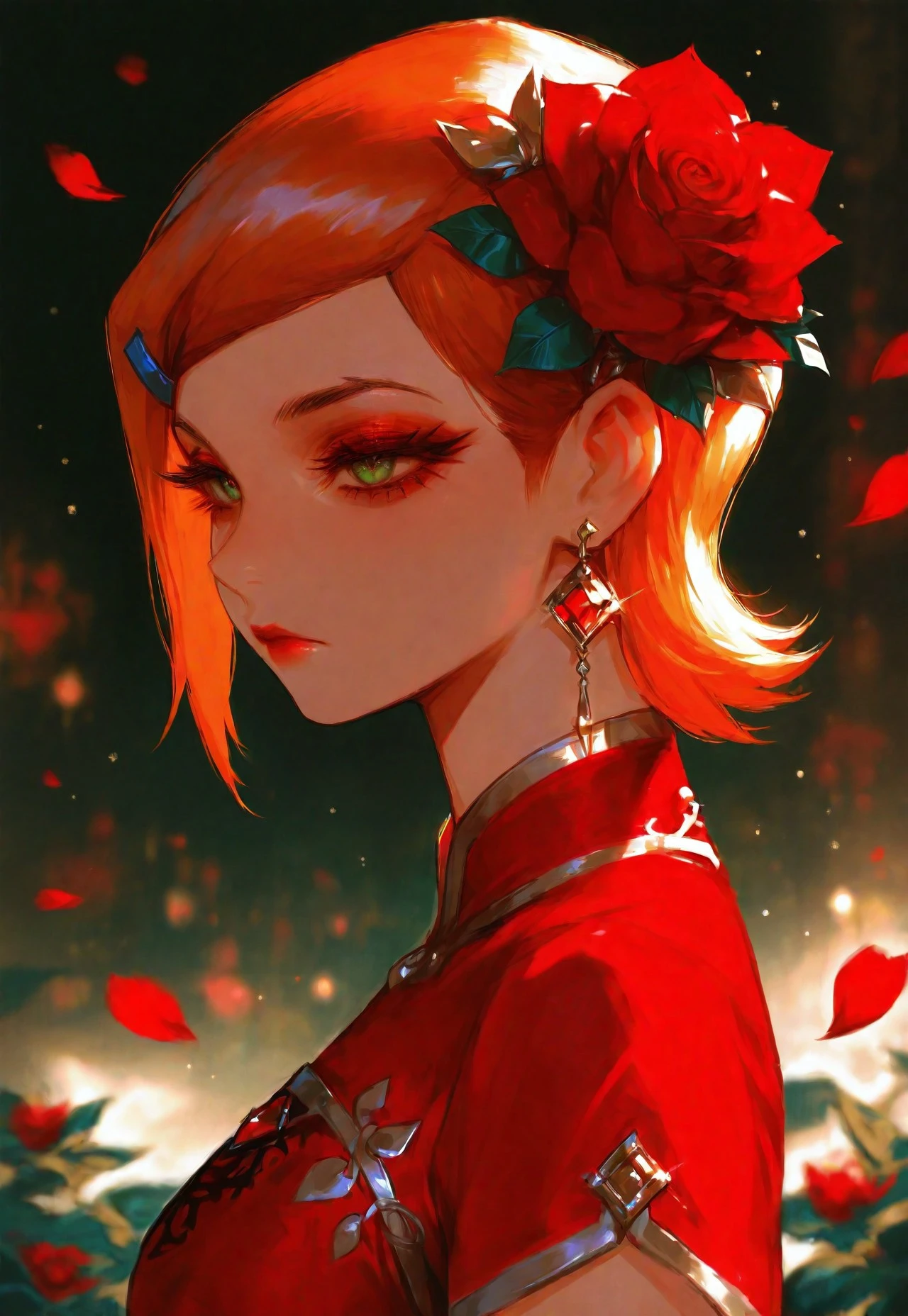 masterpiece, best quality, good quality, very aesthetic, absurdres, newest, 1girl, solo, gwen tennyson (/Ben10)/,(ultra HD quality details), bright orange hair, short hair, (green eyes), dress, closed mouth, jewelry, upper body, flower, earrings, artist name, hair flower, blurry, from side, eyelashes, sparkle, petals, blurry background, makeup, depth of field, expressionless, rose, chinese clothes, red dress, portrait, red flower, gem, lipstick, china dress, light particles, eyeshadow, red rose, glint, red lips, falling petals, red theme, red eyeshadow, red gemstone, long eyelashes