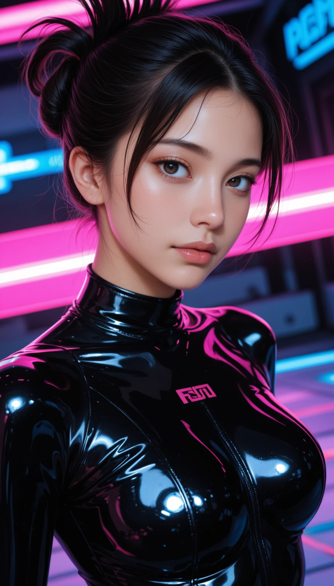 masterpiece, best quality, amazing quality, 4k, very aesthetic, high resolution, ultra-detailed, absurdres, scenery, realistic, photo, 1girl, solo, folded ponytail, upturned eyes, generous, closed mouth, (shiny latex black bodysuit:1.2), contrapposto, arched back, dutch angle, head tilt, twisted torso, upper body, portrait, fisheye, dramatic shadows, cinematic lighting, hard focus, sharp focus, neon colors, backlit, rim light, (synthwave, mind bending:1.2), neon beam, (chaos neon background, abstract background:1.2), inter dimensional, dark, back light, BREAK, slow shutter speed, motion blur, depth of field, photorealistic details