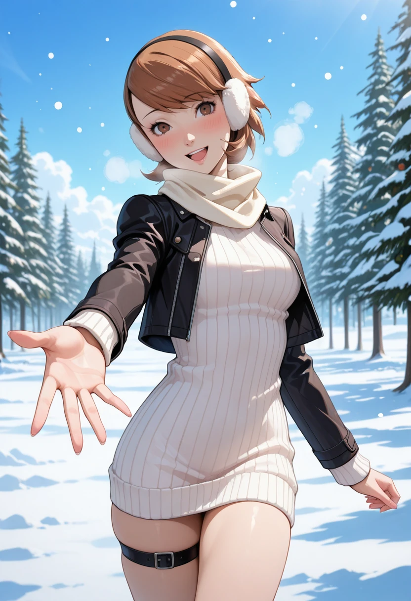 masterpiece, very aesthetic, best quality, absurdres, newest, solo,
<lora:ILP3Yukari:1>
Persona3Yukari, 1girl, short hair, brown hair, brown eyes, open jacket, outdoors, open clothes, white scarf, outstretched hand, smile, sweater dress, snow, winter, open mouth, earmuffs, long sleeves, tree, skindentation, day, cowboy shot, outstretched arm, blush, :d, cropped jacket, thighs, black jacket, thigh strap, snowing, white sweater, sky
