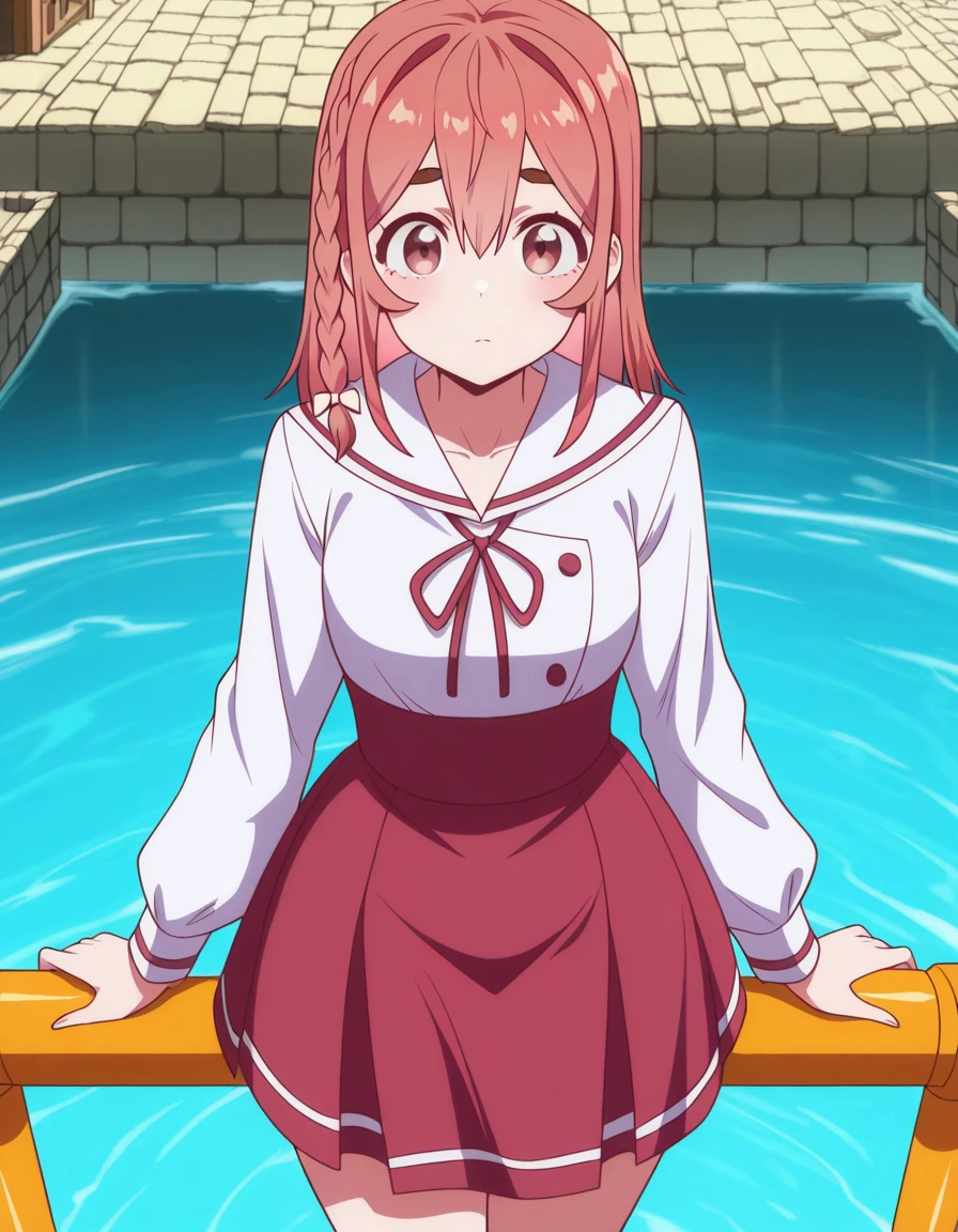 masterpiece, best quality, amazing quality,, <lora:sumi-sakurasawa-s1-illustriousxl-lora-nochekaiser:1>, sumi sakurasawa, sakurasawa sumi, bangs, pink eyes, hair between eyes, pink hair, braid, hair bow, thick eyebrows, mature female, small breasts, anime screencap, skirt, shirt, long sleeves, bow, ribbon, white shirt, serafuku, sailor collar, red ribbon, neck ribbon, red skirt, white sailor collar,, from above,, stilt house, tall, water, unique, support, cowboy shot, solo, looking at viewer,