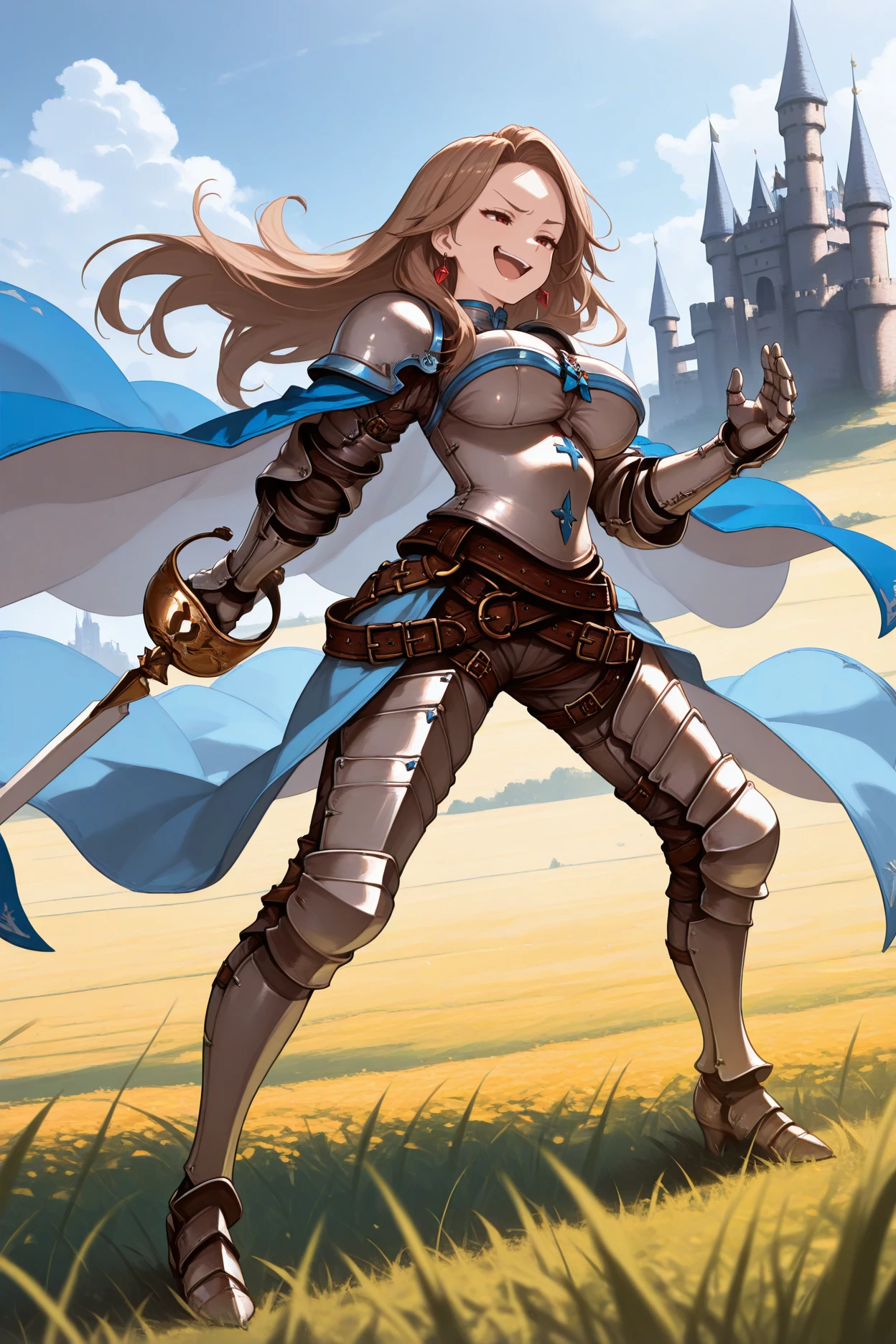 masterpiece, best quality, 1girl, solo, <lora:gbfkatalina-illu-nvwls-v1-000006:1> basektl, brown hair, long hair, red eyes, large breasts, earrings, armor, blue trim, shoulder armor, blue cape, brown belt, gauntlets, armored boots, holding sword, fighting stance, full body, smug, open mouth, smirk, field, wide shot, castle