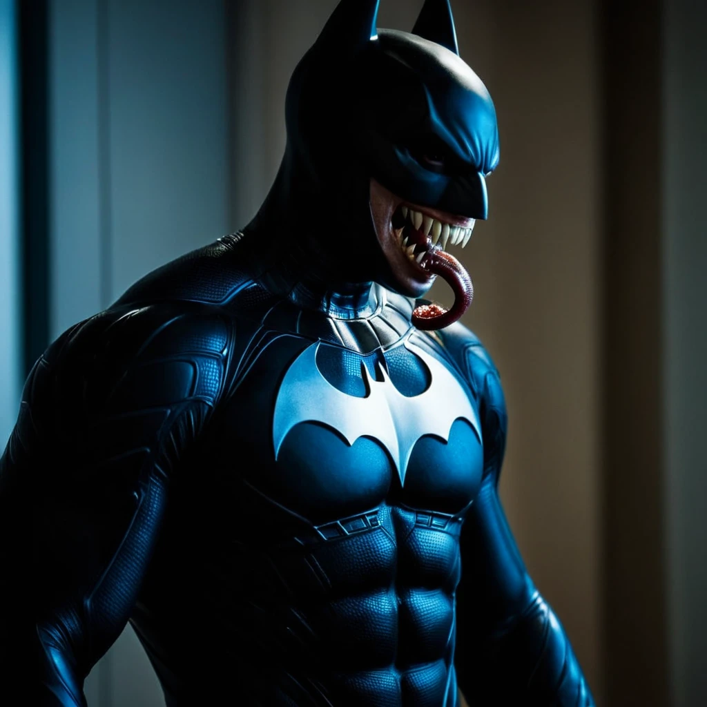 cinematic film still of <lora:Symbiote Style illu v1:1>
a close up of a person wearing a Symbiote batman costume Symbiote Style, solo, upper body, teeth, muscular, mask, bodysuit, muscular male, pectorals, sharp teeth, looking at viewer
, shallow depth of field, vignette, highly detailed, high budget, bokeh, cinemascope, moody, epic, gorgeous, film grain, grainy