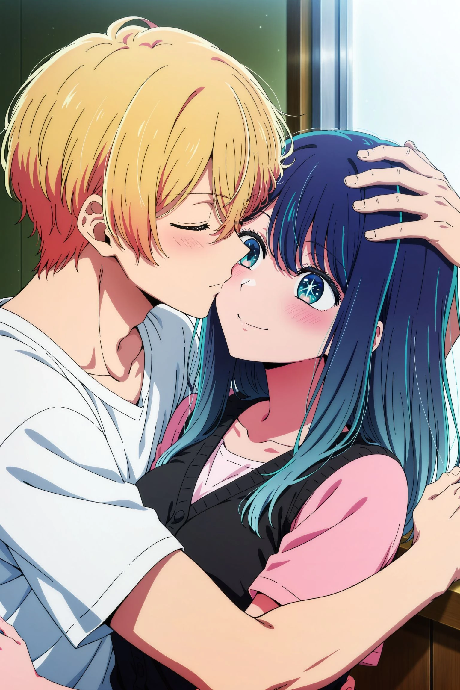 1boy,1girl,hoshino aquamarine,kurokawa akane,oshi no ko,aqua eyes,black cardigan,blonde hair,blue eyes,blue hair,blush,cardigan,cheek-to-cheek,closed mouth,collarbone,couple,gradient hair,hair between eyes,heads together,hetero,hug,light blue hair,long hair,multicolored hair,pink shirt,shirt,short hair,short sleeves,sidelocks,simple background,smile,swept bangs,upper body,white background,white shirt,kiss,closed eyes,
(anime coloring:2.4),(anime screenshot,anime screencap:1.2),(masterpiece, best quality, newest, absurdres, highres),