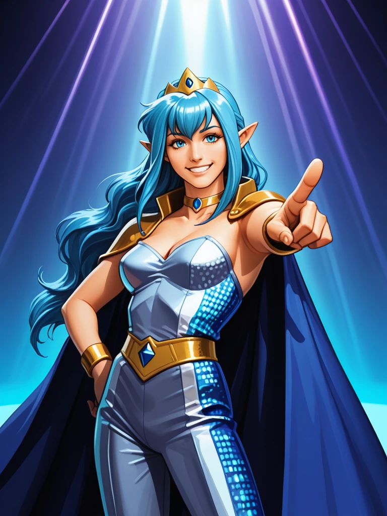 <lora:Teiris__Dragonforce:0.7>
dfteiris,,blue hair, long hair,blue eyes,pointy ears,,jewelry, tiara, choker,,cape, teiriscape,,
smiling, dance victory
dancing disco, disco, solo, one hand pointing to the sky, one hand on hip,