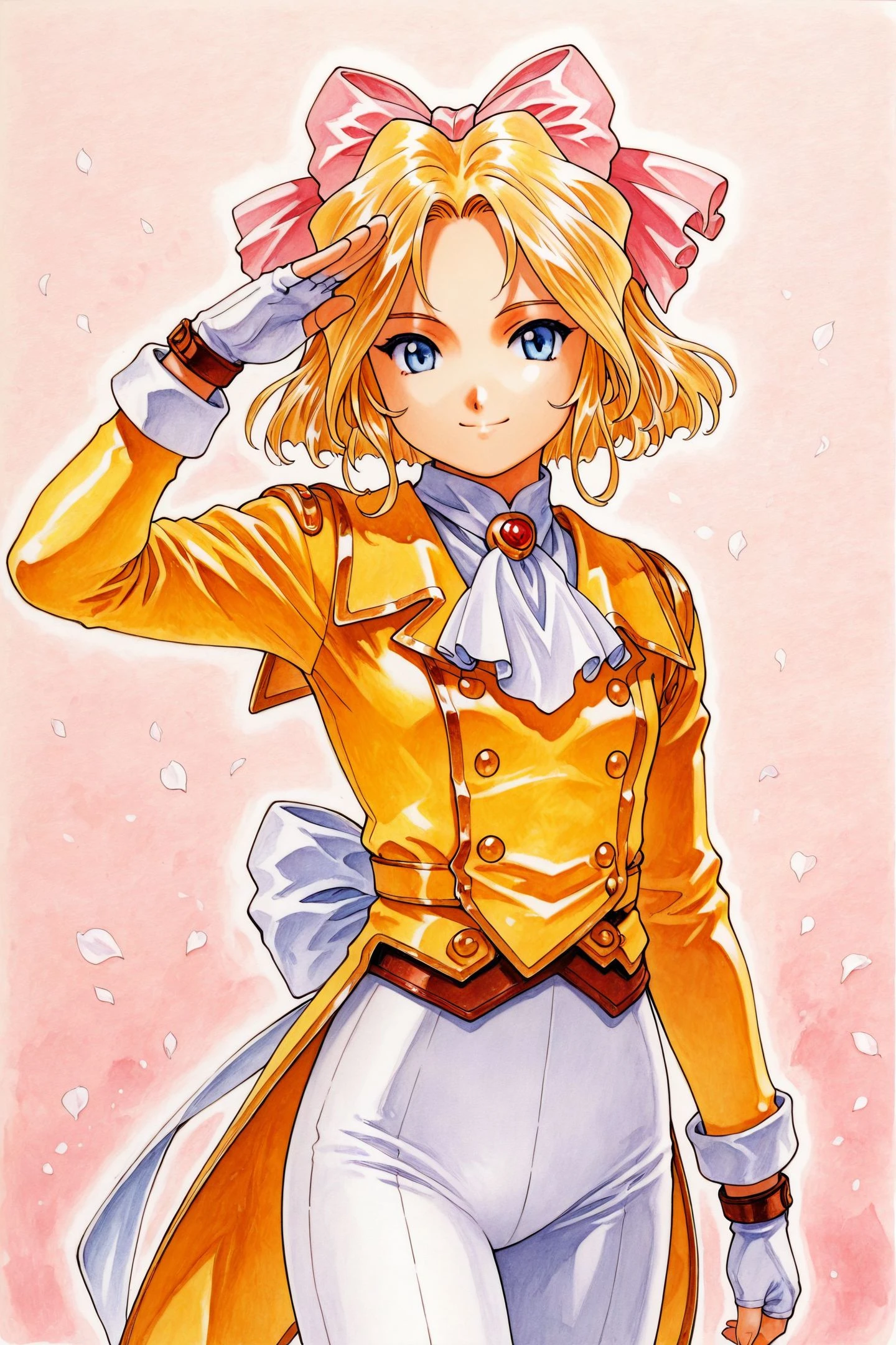 Iris Chateaubriand,1girl,female child,solo,smile,closed mouth,blonde hair,short hair,blue eyes,yellow tailcoat,coattails,hair bow,pink bow,back bow,white ribbon,fingerless gloves,white gloves,white pants,tight pants,traditional media,white ascot,upper body,salute,
<lora:Sakura Wars_illustriousXL_v2:1>,