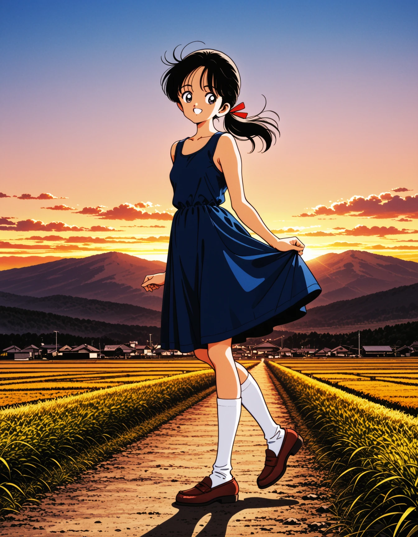 <lora:ujoldero2:1>
1girl, navy hair, long hair, low ponytail, (large hair ribbon:1.2), red ribbon, small breasts, blue one-piece dress, thigh-hight socks, (red loafer:1.5),
smile, teeth,
outdoors, Japanese rural, mountain, sunset,
general, masterpiece, best quality, anime coloring,
perfect lighting, scenery, volumetric lighting, depth of field,, <lora:dmd2_sdxl_4step:1>