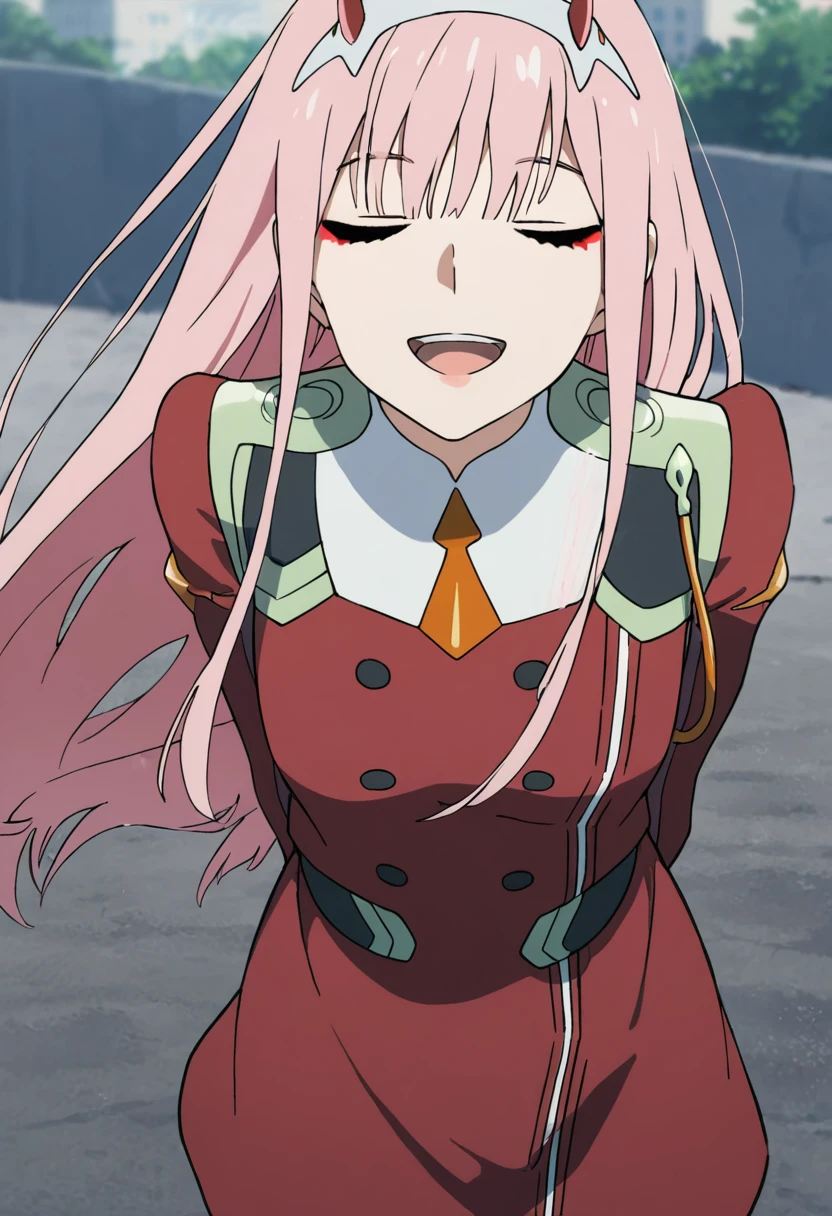 masterpiece, best quality, good quality, very awa, newest, highres, absurdres,outdoors, ZeroTwo-DarlingInTheFranXX ,
Zero Two \(Darling in the FranXX\), 1girl, solo, long hair, smile, open mouth, bangs, closed eyes, pink hair, necktie, horns, uniform, military, military uniform, makeup, buttons, arms behind back, facing viewer, short necktie, orange necktie, oni horns, red uniform
, <lora:Zero Two (Darling in the FranXX) Illustrious v2:0.8>