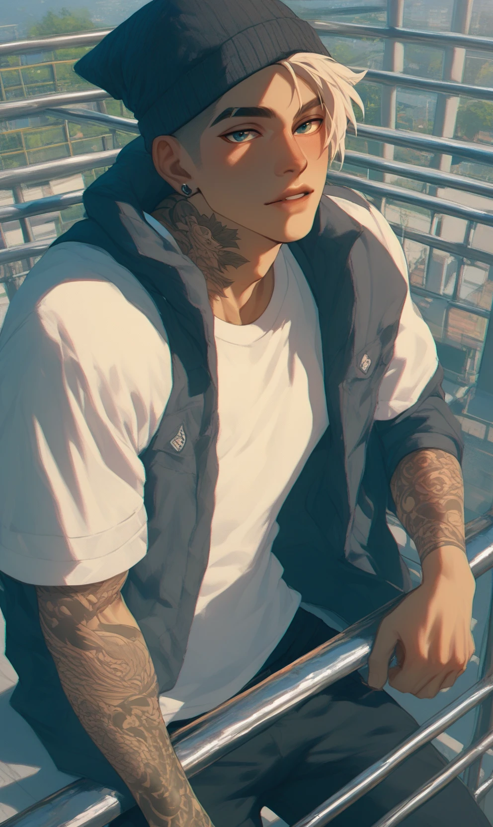 Score_9, score_8_up, score_7_up, score_6_up, score_5_up, score_4_up, a man with tattoos leaning against balcon railing leaning with both hands on railing, 1boy, tattoo, male focus, solo, shirt, jacket, hat, arm tattoo, railing, beanie, looking at viewer, white shirt, parted lips, jewelry, hyperdetailed,