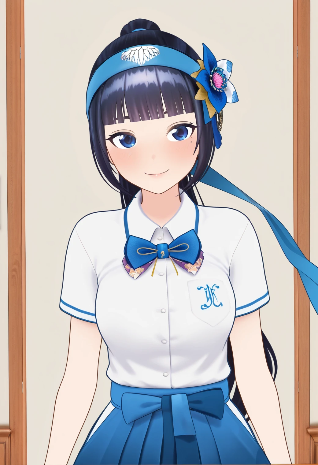 masterpiece, best quality, very aesthetic, absurdres, 1girl, solo,
<lora:fuji_aoi_v01:1.0>, virtual youtuber, aoi_costume2, black hair, long hair, ponytail, blunt bangs, blue eyes,
headband, hair ornament, white shirt, collared shirt, blue bowtie, blue skirt, hakama short skirt, smile, posing
