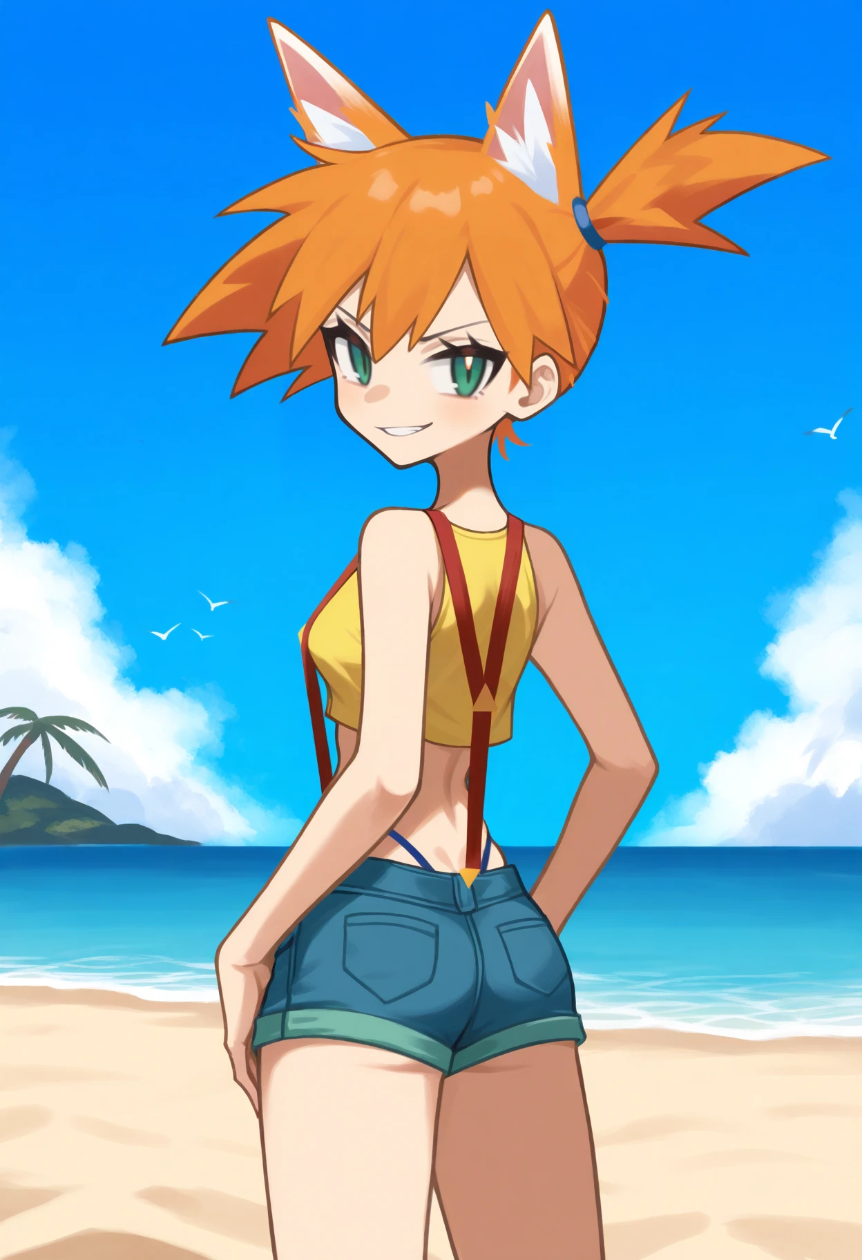 best quality, amazing quality, very aesthetic, absurdres,
animal ears, wolf ears,
1girl, misty \(pokemon\), orange hair, side ponytail, yellow crop top, short shorts, thong, suspenders, looking at viewer, smirk, standing BREAK
sand, sea, blue sky, tropical island background, <lora:GhostNoob_byKonan:1>