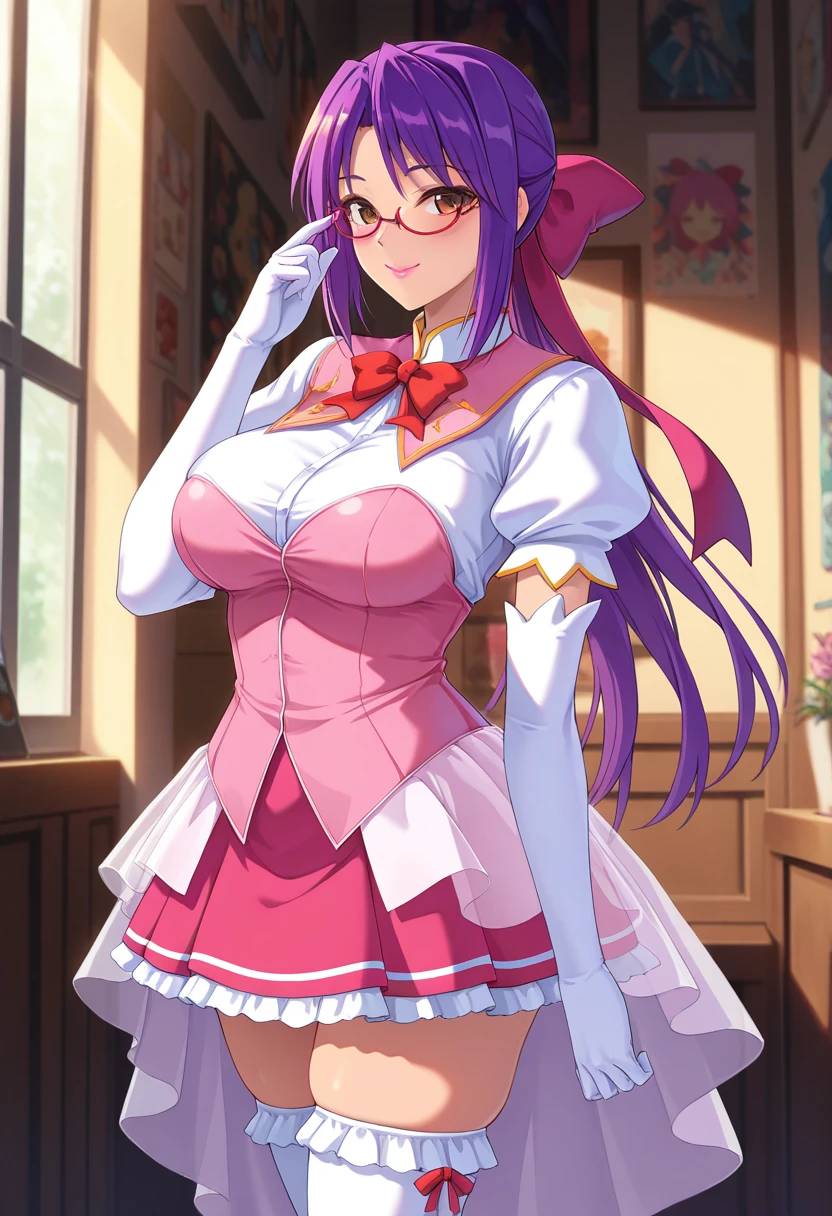 close up, (masterpiece), (best quality), (ultra-detailed), intricate detail, athena97, 1girl, solo, purple eyes, purple hair, long hair, white earrings, yellow hairband, red heart ornament, medium breats, red vest, white turtleneck, white puffy sleeves, red pleated skirt,purple sphere shape necklace, white fingerless gloves, white socks, red boots,on street,moon, photography,(blush:1.1), (sad smile),cleavage cutout, blurry background, on back (white panties), open mouth, dirty, torn clothes, heavy breath