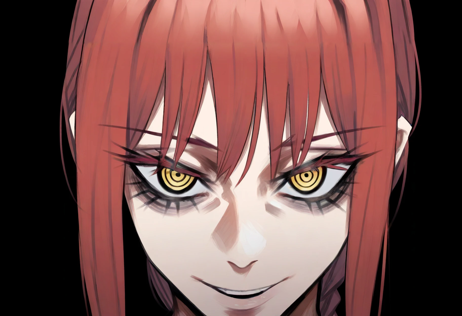 makima_(chainsaw_man), chainsaw_man, 1girl, red_hair, yellow_eyes, ringed eyes, close-up, wide-eyed, dark background, eye focus, colored eyelashes, seductive smile,
masterpiece, best quality, amazing quality, very aesthetic, absurdres, very awa, <lora:GhostNoob_byKonan:1>