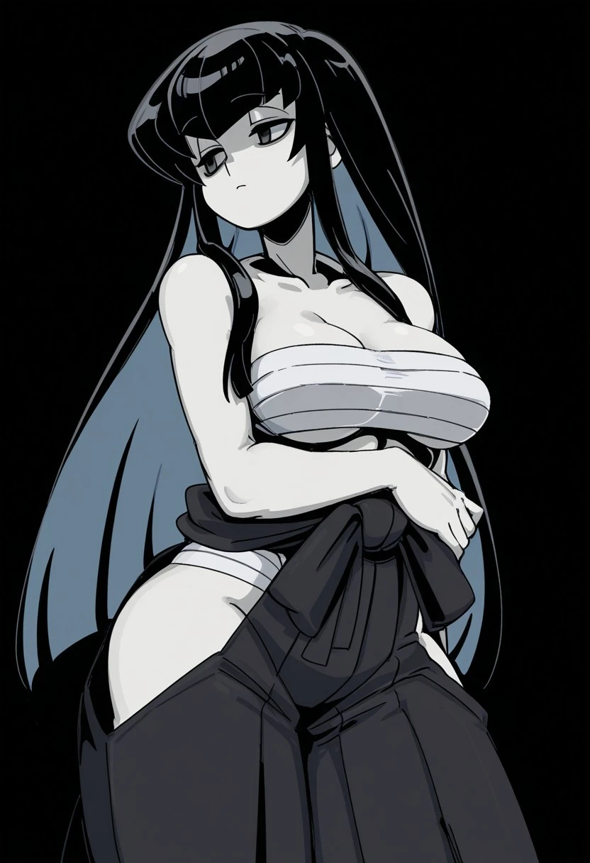 masterpiece, bestquality, ultra-detailed, 

middle ages, medieval times, Medieval European fantasy, 

(flat design, ligne claire, photorealistic), 

cinematic lighting, depth of field,
(1girl, fullbody, looking at viewer, front view:1.5), 
(very long high ponytail, japanese, thick eyebrows, Navy Blue ninja uniform, sarashi, fundoshi, ninja mask, Fishnet tights, Fishnet body tights, hot pants, low rise hot pants, black hair, Yamato Nadeshiko girl, bangs bangs, Cool beauty girl, angry eyes, Cold eyes, Tight Mouth:1.3), 
gigantic saggy breasts, Clothes that are completely stuck to the chest, impossible clothes, Impossible clothing with perfectly shaped extremely gigantic puffy nipples, pawg, thin thighs, thick calf, slender body, thin waist, milf, mature woman, puffy lip, lewd body, 

standing contrapposto pose, spread legs, Hands on hips, 
(Wear warm clothes, pants:1.3),
high waist T-back, (low rise hot pants:1), Whale tail, low rise T-back, hot pants, highleg panties, high leg panties g-strings , high leg panties thong,  

(white background:1.4),