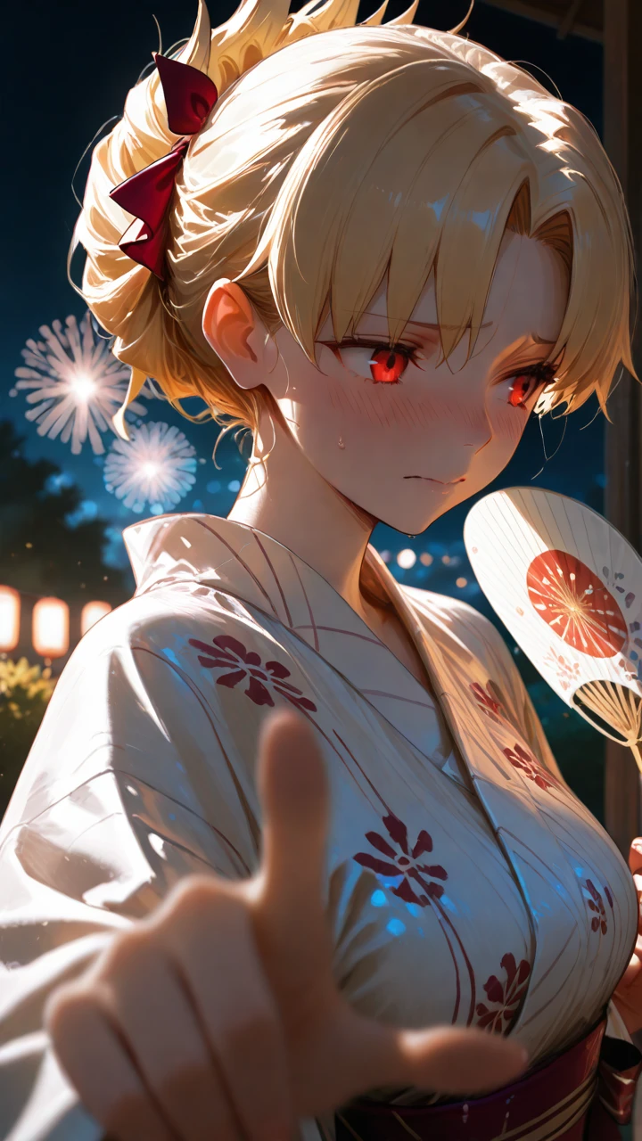 masterpiece, best quality, amazing quality, very aesthetic, absurdres, highres, newest, HDR, 8K, high detail, intricate detailed, color depth, masterful shading, night, night background, dark filed,
1girl, ereshkigal \(fate\), red eyes, blonde hair, hair up-do, yukata, upper body, Japanese summer fireworks festival, night sky, looking away, detailed embroidery, detailed, I see uchiwa, pinched with finger,(foreshortening:1.4),(shallow depth of field:1.4), embarrassed, covering one face, chromatic aberration, cinematic composition, natural lighting, lens flare, bush, blurry foreground, blurry background, moody atmosphere, muted colors,