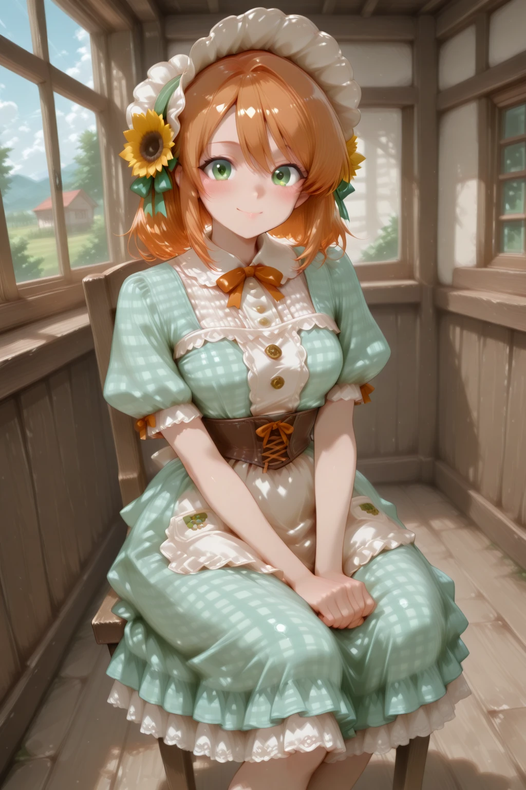 masterpiece, best quality, amazing quality, 1girl, solo, makeup, perspective, general, looking at viewer, dynamic angle, full body, (front angle), indoors, farm house, 1940s style interior, vintage, (sit on wooden chair, sitting), smile, blush, posing, window, <lora:TerraceRiho:0.8>, TerraceRiho, green eyes, orange hair, hair between eyes, medium breasts, <lora:Sunberry_Patchwork_Bloom_Dress:1.1>, Sunberry_Patchwork_Bloom_Dress, green dress, frilled dress, plaid dress, bow, sunflower, puffy short sleeves, lace trim, cross-laced clothes, corset, ribbon, apron, bonnet, hat flower, socks, bowtie, <lora:wai-2Rectified-V140:1>, <lora:Illustrious_-_Refiner:1>