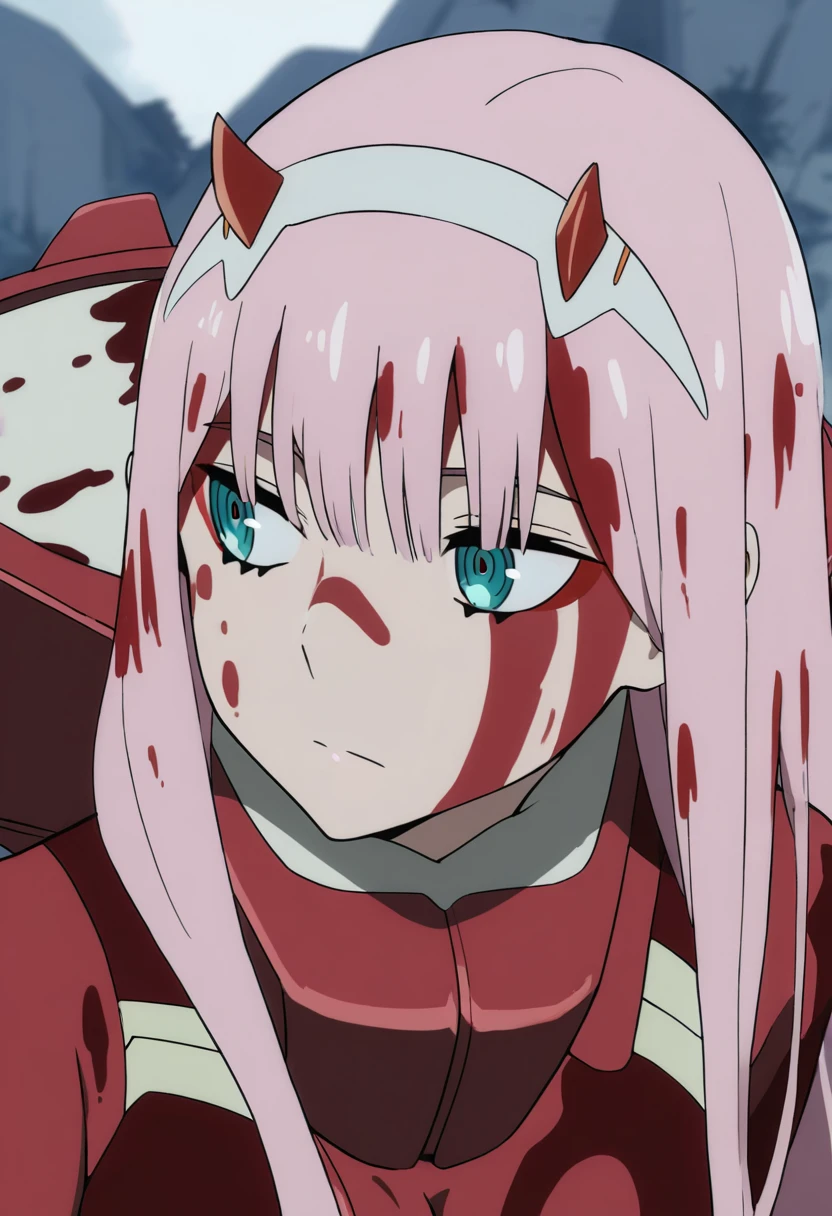 masterpiece, best quality, good quality, very awa, newest, highres, absurdres,outdoors, ZeroTwo-DarlingInTheFranXX ,
Zero Two \(Darling in the FranXX\), 1girl, solo, long hair, bangs, blue eyes, closed mouth, upper body, pink hair, hairband, horns, aqua eyes, looking to the side, blood, looking away, straight hair, white hairband, blood on face, pilot suit, blood on clothes, red horns, red bodysuit, blood in hair, oni horns
, <lora:Zero Two (Darling in the FranXX) Illustrious v3:0.8>