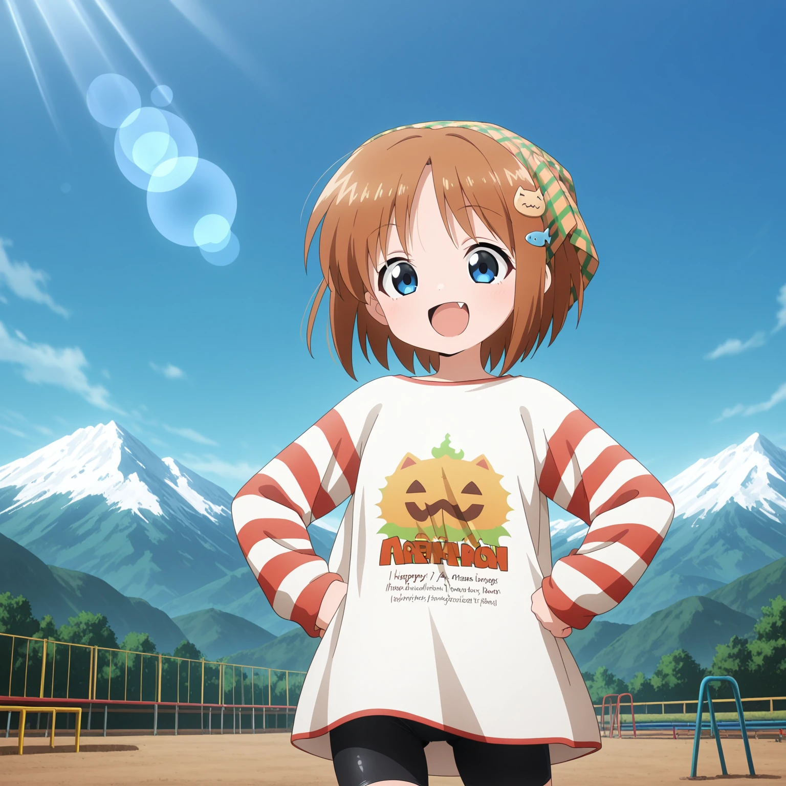absurdres,highres,masterpiece,best quality,amazing quality,official anime artwork,outdoors,
anime screencap,KTMU22 \(style\),
1girl,solo,
(foreshortening,Volumetric Lighting,lens flare abuse,Cinematic Lighting),
dutch angle,clear sky,blue sky,
playground,mountain,
upper body,dynamic pose,motion lines,hands on own hips,
happy,:d,fang,
BREAK <lora:Yamato_Suzuran_illuV01_b3g2plw1c2wd075_d32a16_lr1200y900_rs3_rvs>,
YmtSzr_Suigetsu,brown hair,short hair,parted bangs,head scarf,checkered scarf,blue eyes,white shirt,print shirt,long sleeves,striped sleeves,black bike shorts,orange sneakers,cat hair ornament,fish hair ornament,