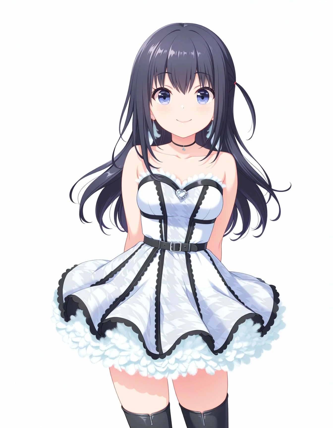 masterpiece, best quality, high quality, 1girl, solo, nagase mana, idoly pride, <lora:iMana:1.0>, idol costume, feather earrings, black choker, thigh boots, standing, cowboy shot, arms behind back, looking at viewer, smile, simple background, white background,
anime screenshot, anime coloring, flat color, masterpiece, best quality, very aesthetic, aesthetic, absurdres, highres, detailed, beautiful color, amazing quality, sensitive