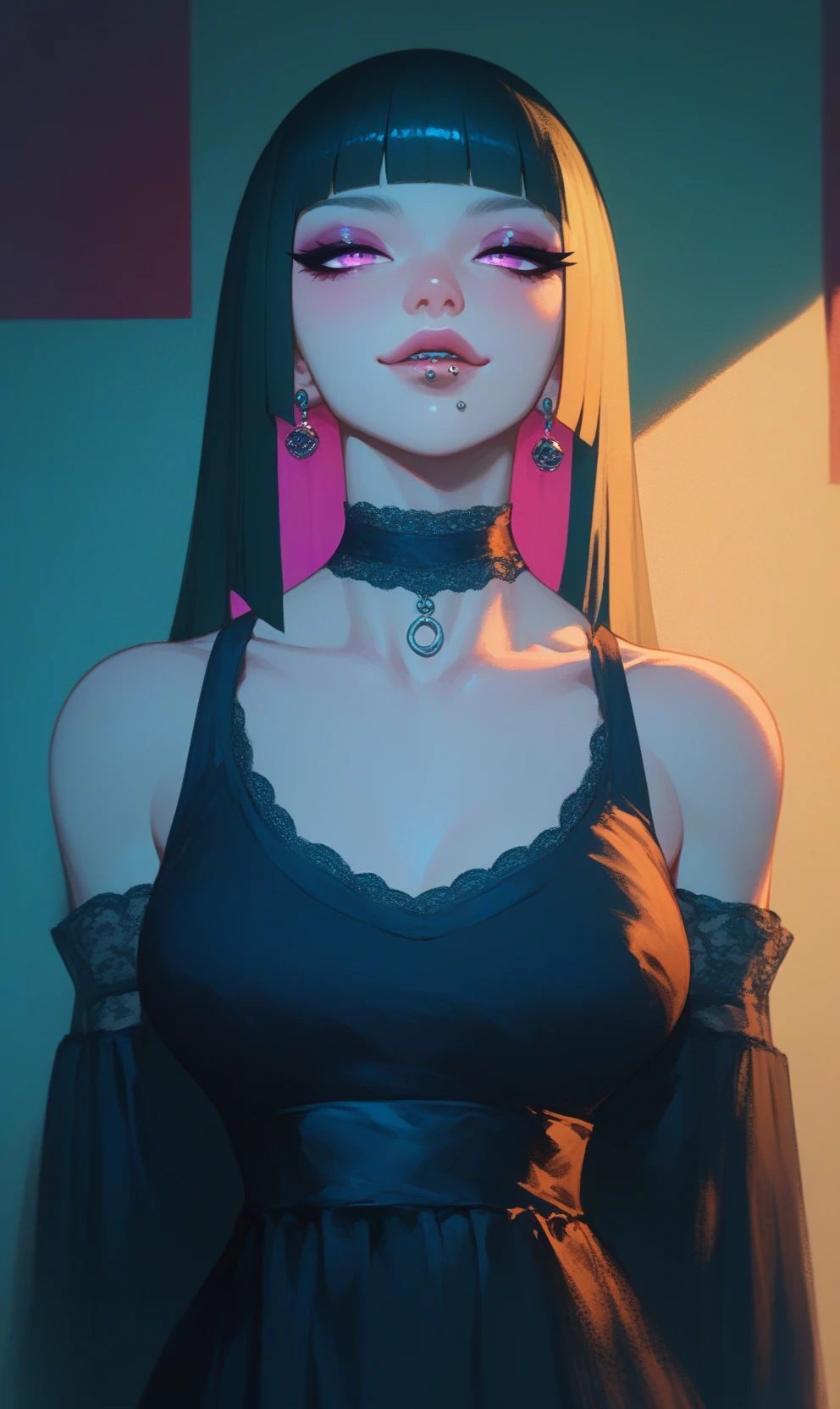 (zumi:0.8),clickagain,(nomalman:1.1),score_9, score_7_up, 1girl, solo, pasan, colored inner hair, large breasts, ear piercing, chin piercing, hime cut, choker, black dress, long dress, shoulder cutout, sleeves, upper body, seductive smile, indoors, arms behind back,from front, facing viewer