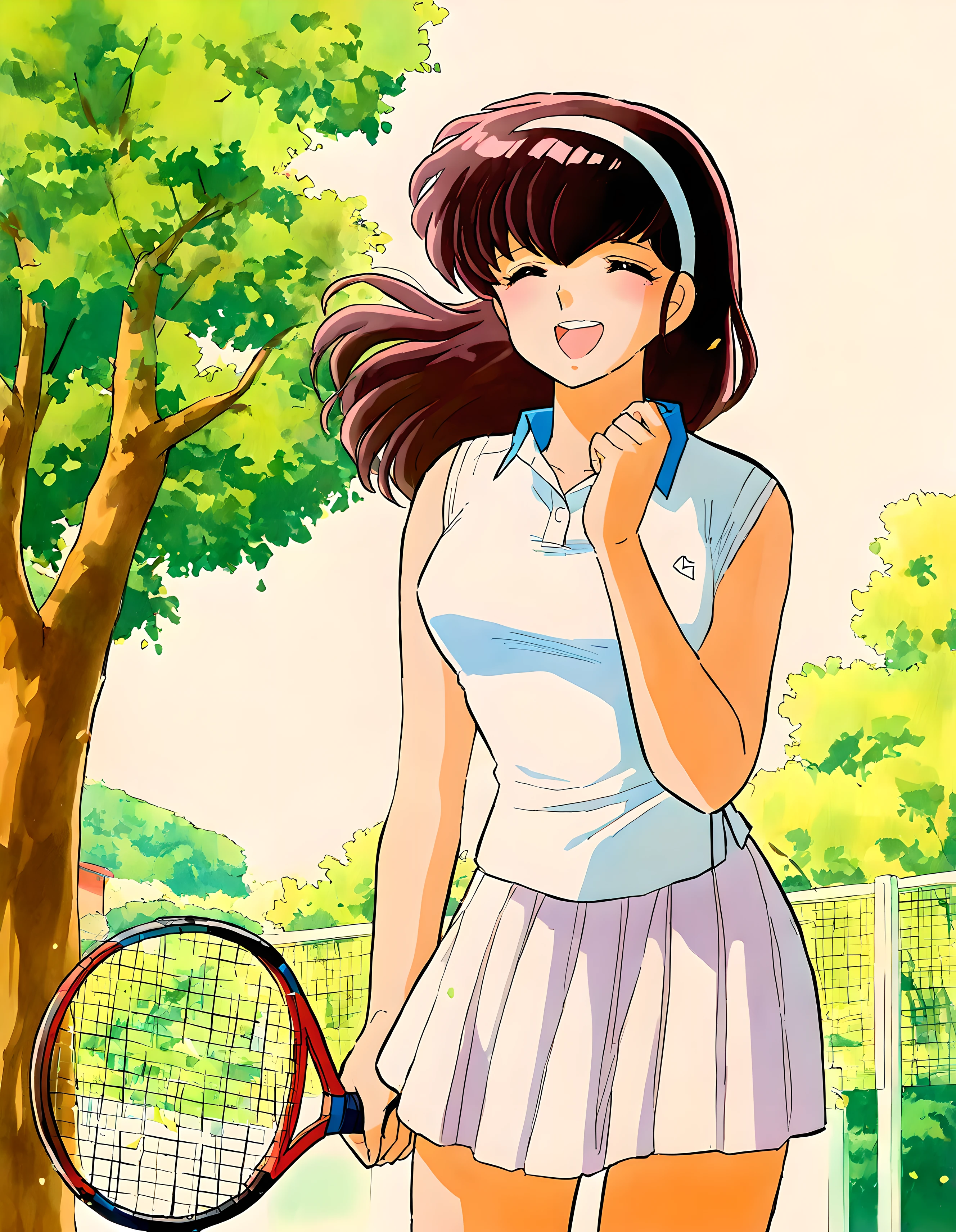 <lora:illustrious_XL_otonashi:0.9>,otonashi,masterpiece,best quality,good quality,1girl,solo,hairband,tennis uniform,white shirt,white skirt,miniskirt,pleated skirt,holding,tree,tennis racket,cowboy shot,smile,laughing,