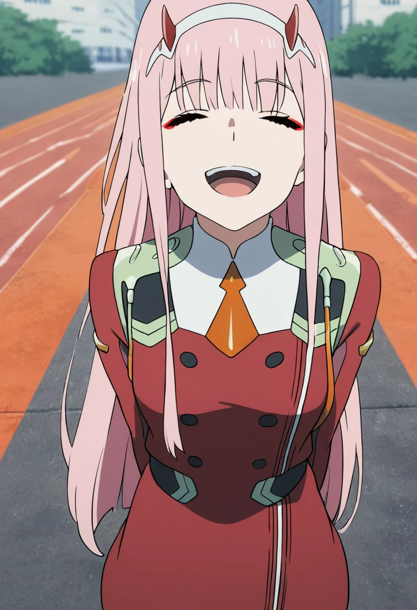 masterpiece, best quality, good quality, very awa, newest, highres, absurdres,outdoors, ZeroTwo-DarlingInTheFranXX ,
Zero Two \(Darling in the FranXX\), 1girl, solo, long hair, smile, open mouth, bangs, closed eyes, pink hair, necktie, horns, uniform, military, military uniform, makeup, buttons, arms behind back, facing viewer, short necktie, orange necktie, oni horns, red uniform
, <lora:Zero Two (Darling in the FranXX) Illustrious v3:0.8>
