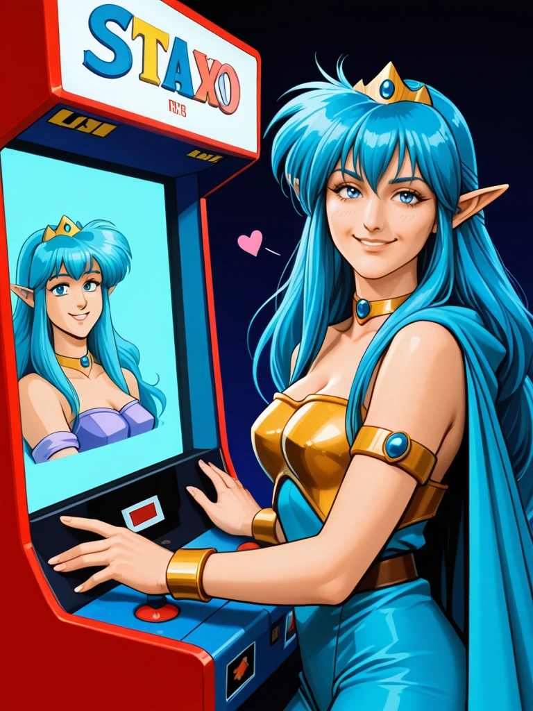 <lora:Teiris__Dragonforce:0.7>
dfteiris,,blue hair, long hair,blue eyes,pointy ears,,jewelry, tiara, choker,,cape, teiriscape,,
solo, in a 1980s arcade, video arcade machine, smiling, flirting, looking at viewer