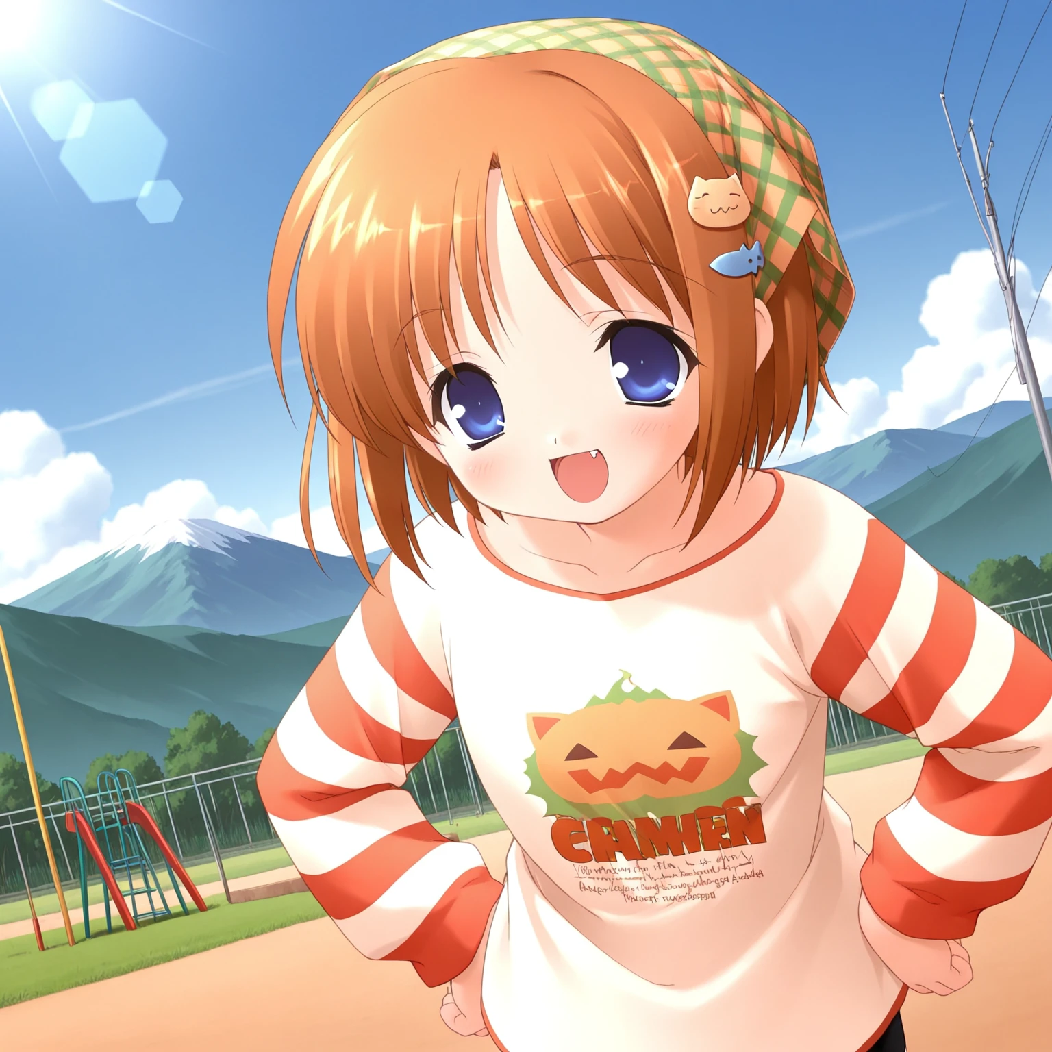 absurdres,highres,masterpiece,best quality,amazing quality,official anime artwork,outdoors,
anime screencap,Suigetsu020426 \(style\),
1girl,solo,
(foreshortening,Volumetric Lighting,lens flare abuse,Cinematic Lighting),
dutch angle,clear sky,blue sky,
playground,mountain,
upper body,dynamic pose,motion lines,hands on own hips,
happy,:d,fang,
BREAK <lora:Yamato_Suzuran_illuV01_b3g2plw1c2wd075_d32a16_lr1200y900_rs3_rvs>,
YmtSzr_Suigetsu,brown hair,short hair,parted bangs,head scarf,checkered scarf,blue eyes,white shirt,print shirt,long sleeves,striped sleeves,black bike shorts,orange sneakers,cat hair ornament,fish hair ornament,