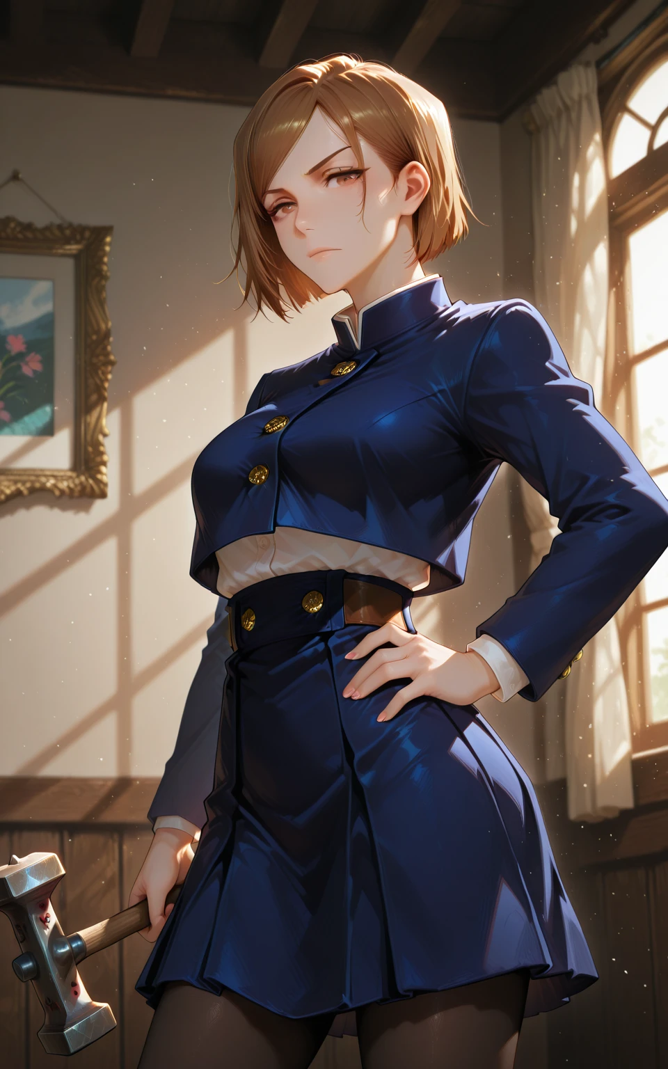 ilnobarakugisaki, 1girl, kugisaki nobara, holding hammer, hammer, solo, brown hair, jujutsu tech uniform, pantyhose, brown eyes, skirt, high-waist skirt, short hair, holding, looking at viewer, nail, breasts, hand on own hip, school uniform, jacket, closed mouth, indoors, shirt, blue skirt, white shirt, long sleeves, cowboy shot, window <lora:illustrious- Nobara Kugisaki -1024x1600:1>