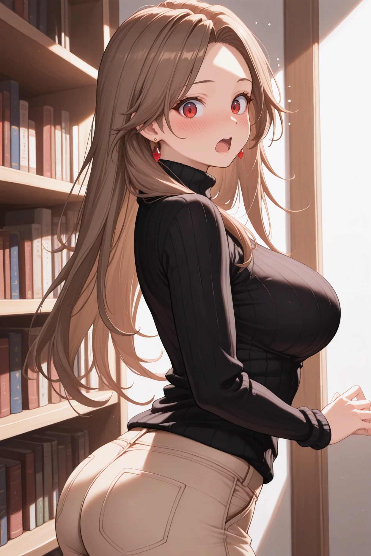masterpiece, best quality, 1girl, solo, <lora:gbfkatalina-illu-nvwls-v1-000006:1> basektl, brown hair, long hair, red eyes, large breasts, black sweater, turtleneck, earrings, beige pants, from side, butt, bookshelf, looking at viewer, open mouth, surprised, blush