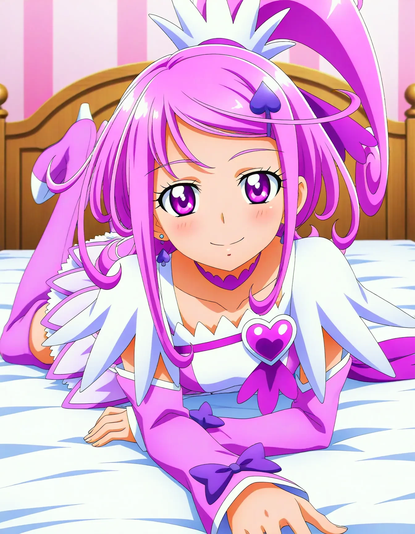 <lora:cure_sword_V1:1>,<lora:dmd2_sdxl_4step:1>,official style,masterpiece,best quality,newest,very aesthetic,highly detailed,high resolution,absurdres,highres,depth of field,super detailed skin,very awa,Anime,anime coloring,anime screencap,cure sword,purple eyes,purple hair,high ponytail,earrings,jewelry,hair ornament,spade hair ornament,heart brooch,purple dress,detached sleeves,arm warmers,capelet,choker,purple thigh boots,on stomach,(half-closed eyes:1.1),smile,bedroom,