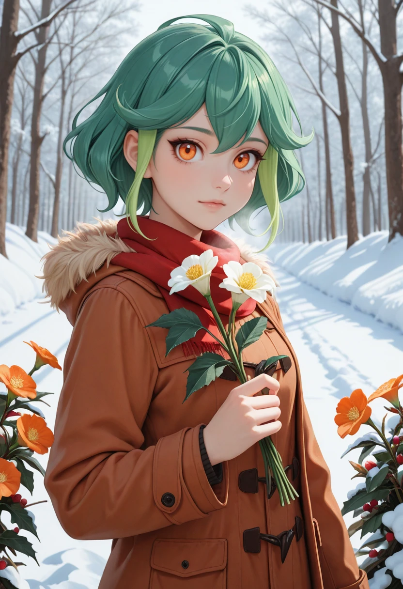 masterpiece, very aesthetic, best quality, absurdres, newest, solo,
<lora:ILYGIRin:1>
YGIRin, 1girl, orange eyes, green hair, short hair, multicolored hair, looking at viewer, in winter,seasonal flower,seasonal background,flower background, posing