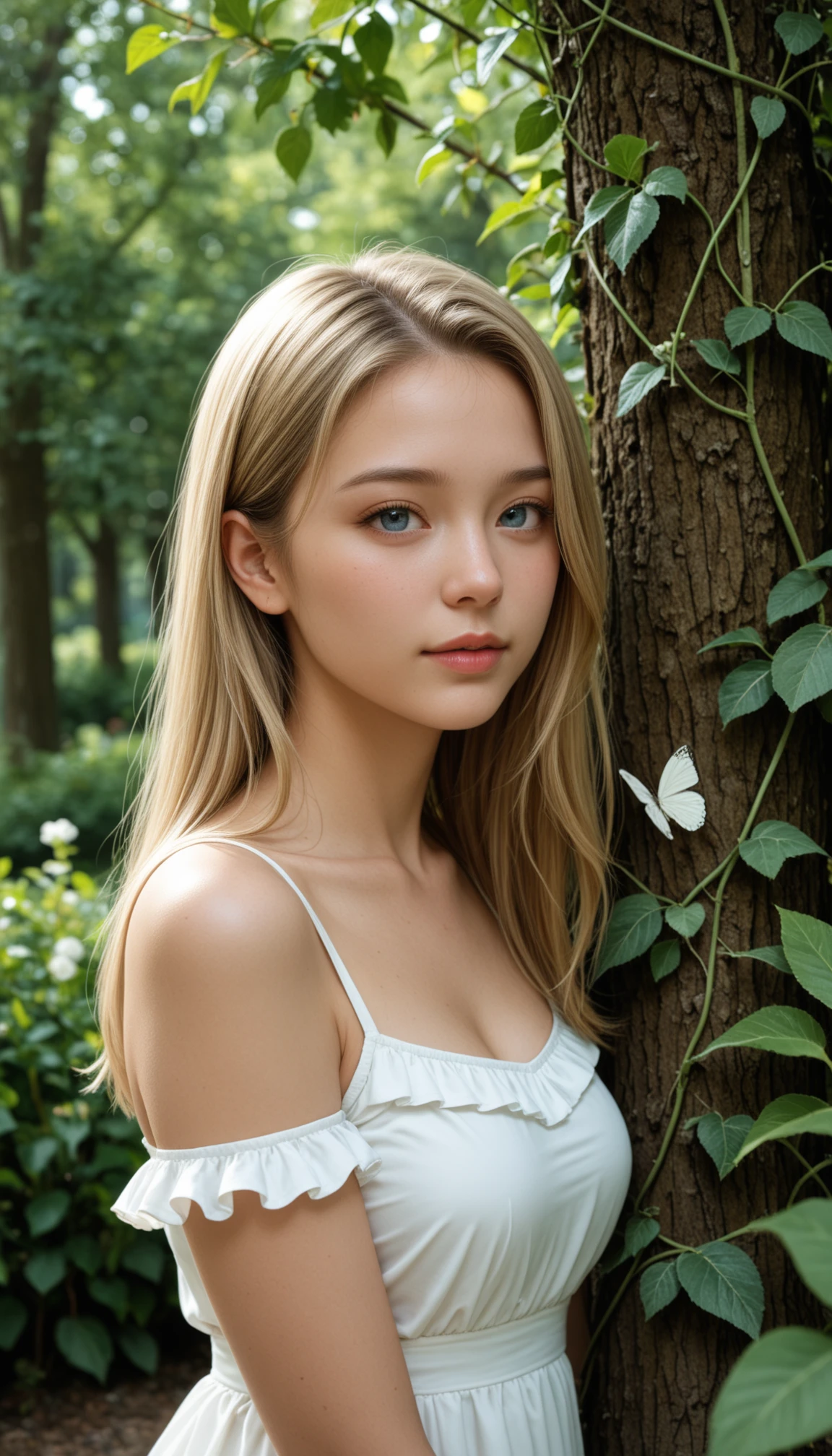 masterpiece, best quality, amazing quality, 4k, very aesthetic, high resolution, ultra-detailed, absurdres, scenery, realistic, photo, amateur, portrait, 1girl, solo, long blonde hair, blue eyes, (dappled sunlight:1.2), medium breasts, white dress, flowers, garden, muted color, forest, white butterfly, looking at viewer, leaning side against tree, vines, green, upper body, close-up, dutch angle, raw lights, BREAK, bokeh, face focus, depth of field, photorealistic details